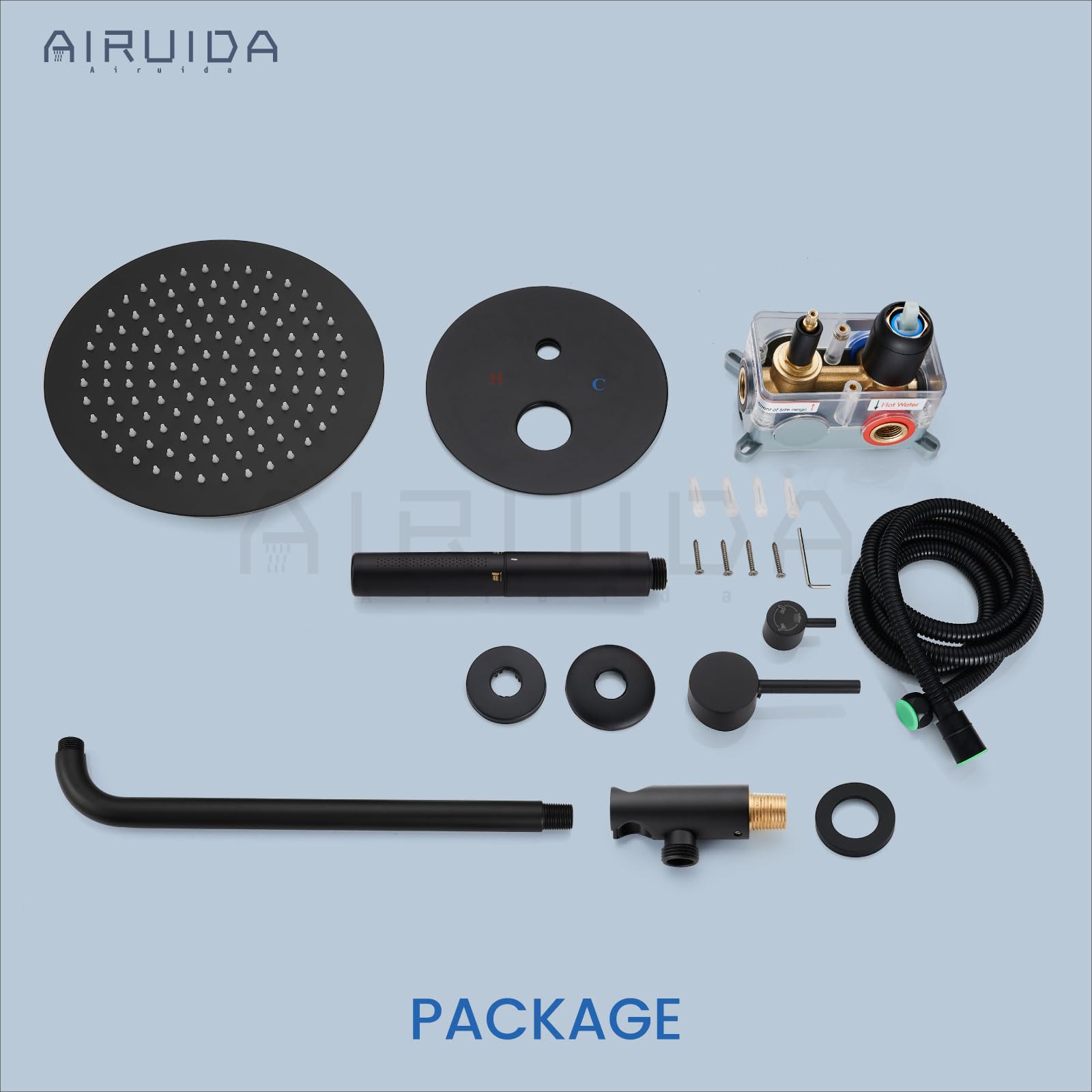 Airuida 2-Function Wall Mounted Shower Faucet Set - High Pressure Brass Handheld Shower with Rough-in Valve & 10 Inch Round Rainfall Shower Head in Matte Black - Perfect for Modern Bathroom Renovations and Spa-Like Shower Experience
