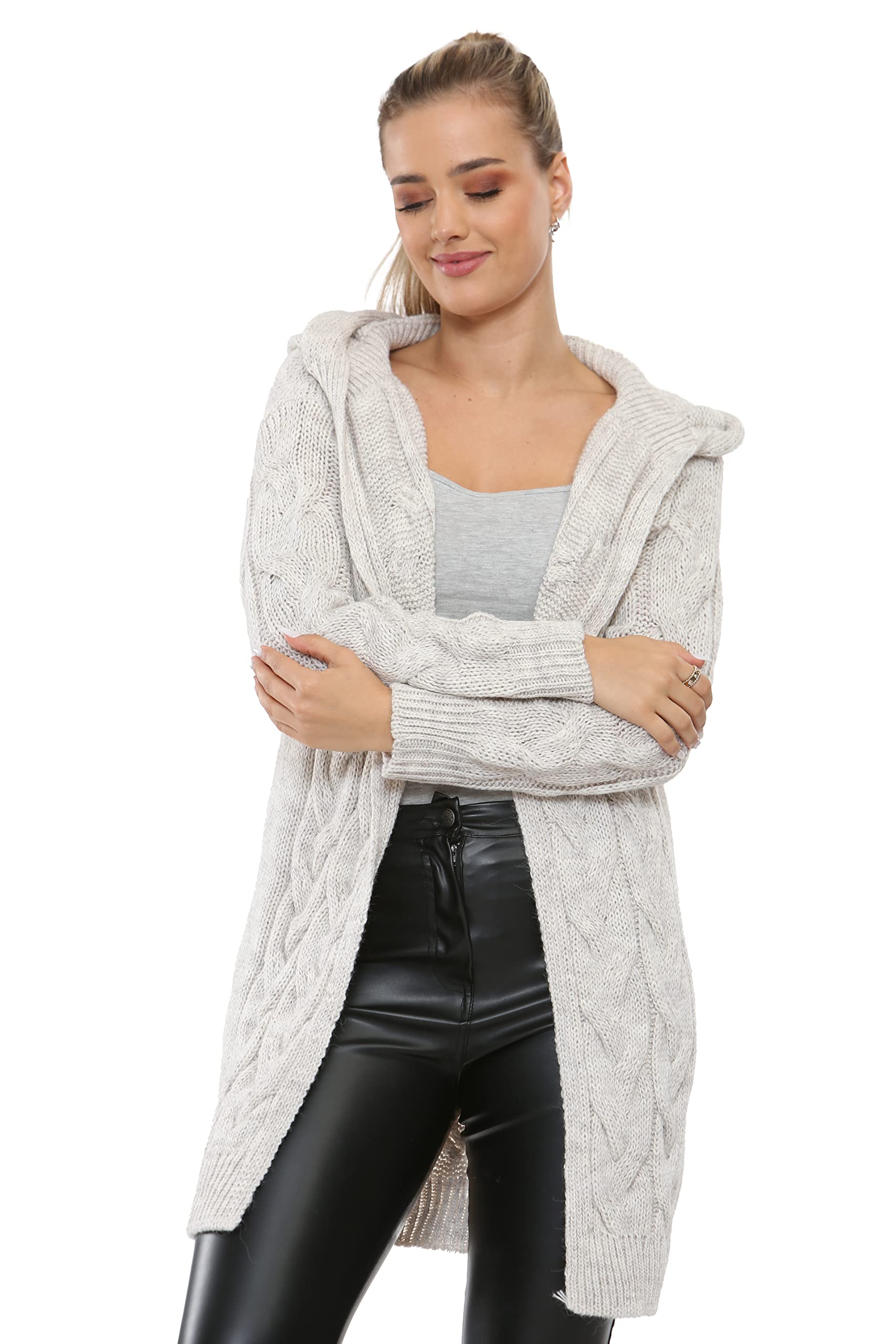 BESTITALIANUK Women's Cable Knit Oversized Hooded Cardigan Sweater - Cozy Long Chunky Knit Jumper for Casual Wear & Winter Layering