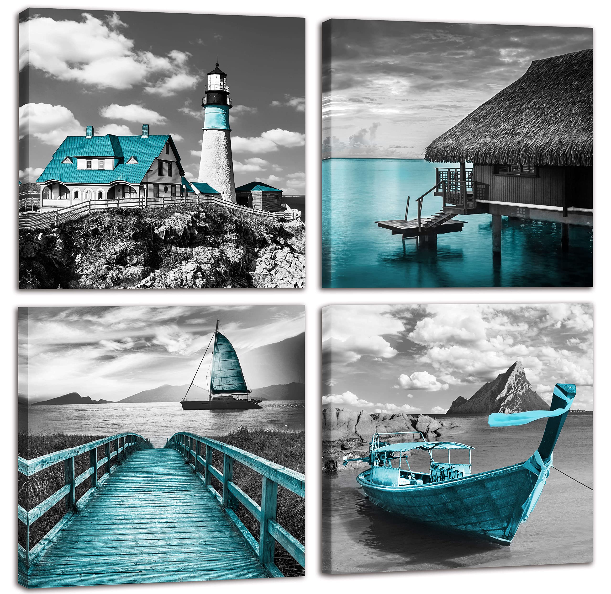 Coastal Lighthouse Wall Art Set - 4 Piece 20x20 Inch Nautical Beach Decor for Living Room & Bathroom - Teal Blue Ocean Themed Canvas Prints - Perfect for Seaside Home, Beach House or Vacation Rental Decor
