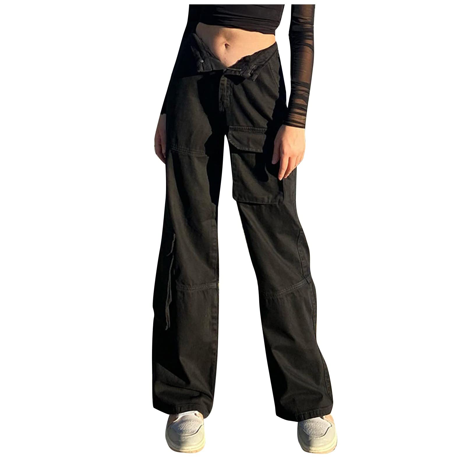Women's High Waist Cargo Pants - Y2K Fashion Baggy Wide Leg Jeans with Flap Pockets | Relaxed Fit Straight Leg Pants for Casual Wear, Street Style & Outdoor Activities