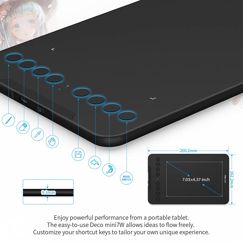 XPPen Deco mini7W Wireless Drawing Tablet - 7 x 4 Inch Graphic Tablet with 8192 Pressure Levels, Compatible with Windows/Mac/Android/Chrome/Linux - Perfect for Digital Art, Online Teaching & E-Learning