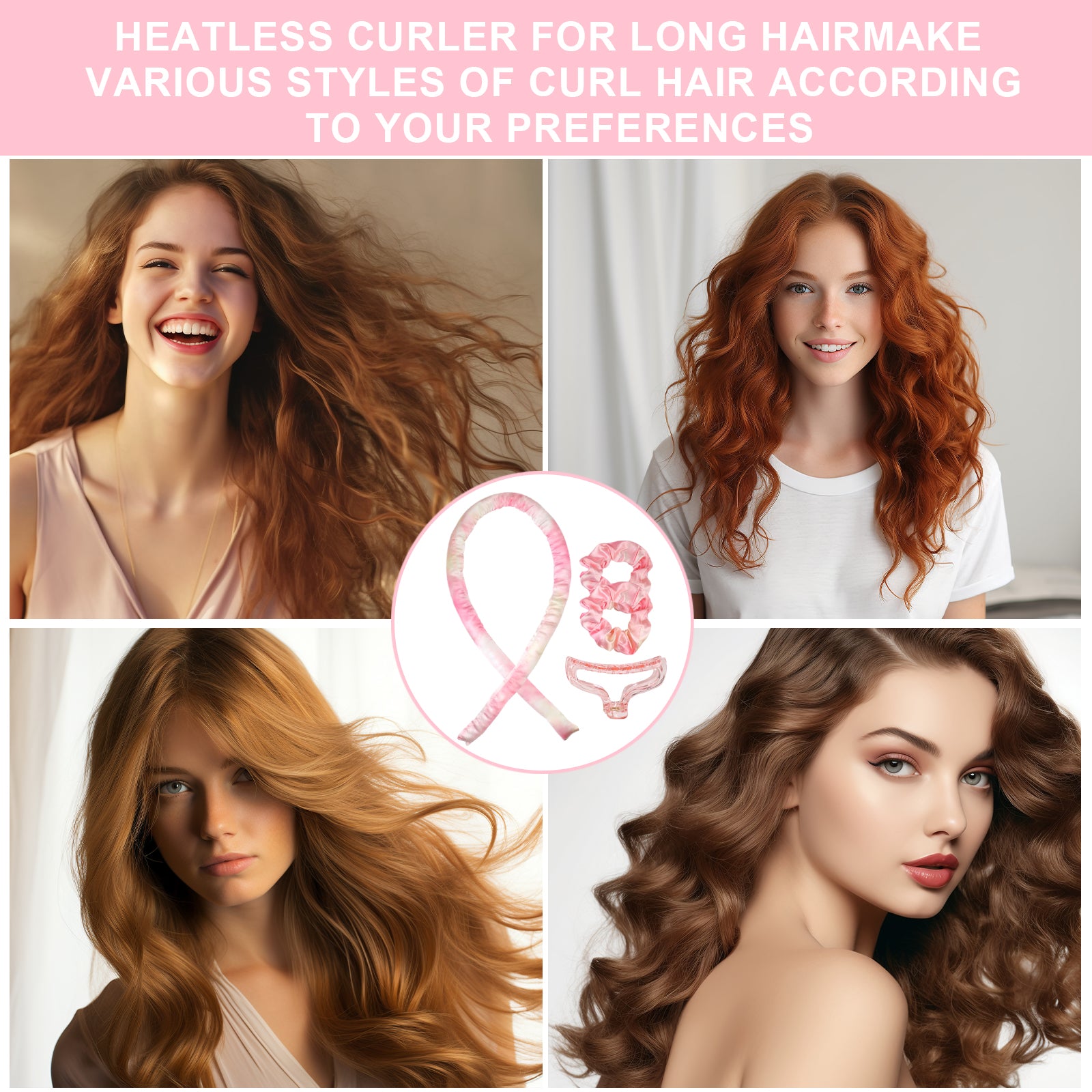 HUAUOO Heatless Curling Set - Satin No Heat Curling Headband for Long Hair with Scrunchies | Overnight Curlers for Sleeping | Perfect for Bedtime Styling & Damage-Free Waves