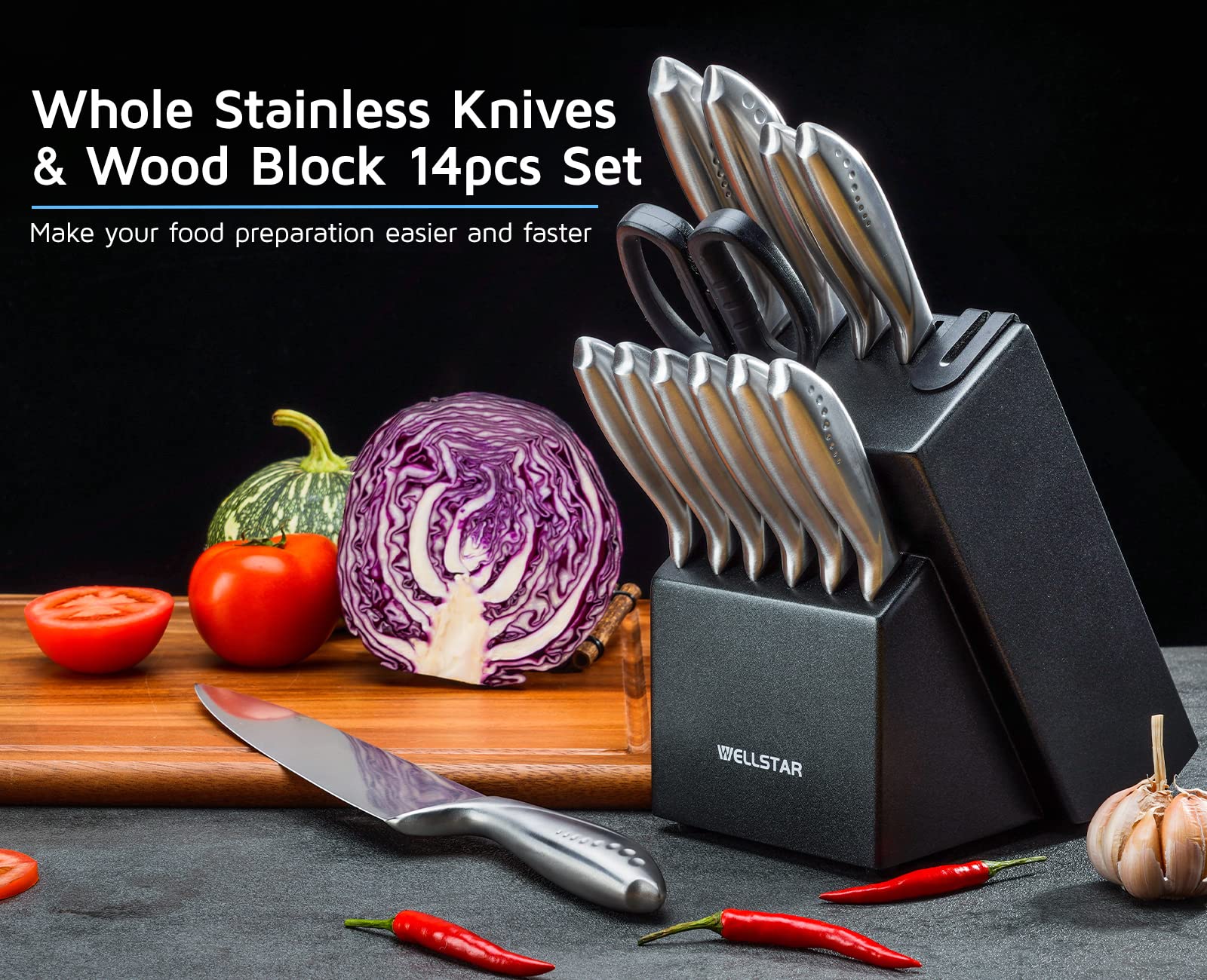 WELLSTAR 14-Piece German Stainless Steel Knife Set with Wooden Block - Ultra Sharp Kitchen Knives, Durable All Stainless Steel Handle, Includes Chef Knife, Scissors & Built-in Sharpener - Perfect for Home Cooking, Professional Chefs & Gift Giving