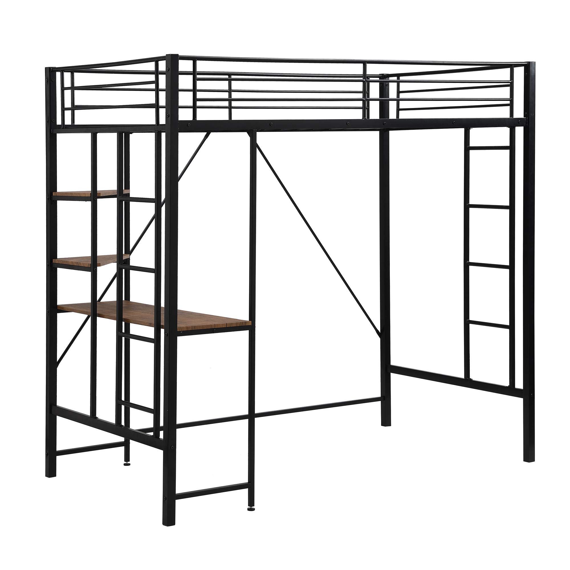 Space-Saving Metal Twin Loft Bed with Built-In Desk, 2 Ladders & Shelves - Sturdy Loft Bed Frame for Teens & Adults - No Box Spring Needed - Perfect for Small Bedrooms, Dorms & Studio Apartments