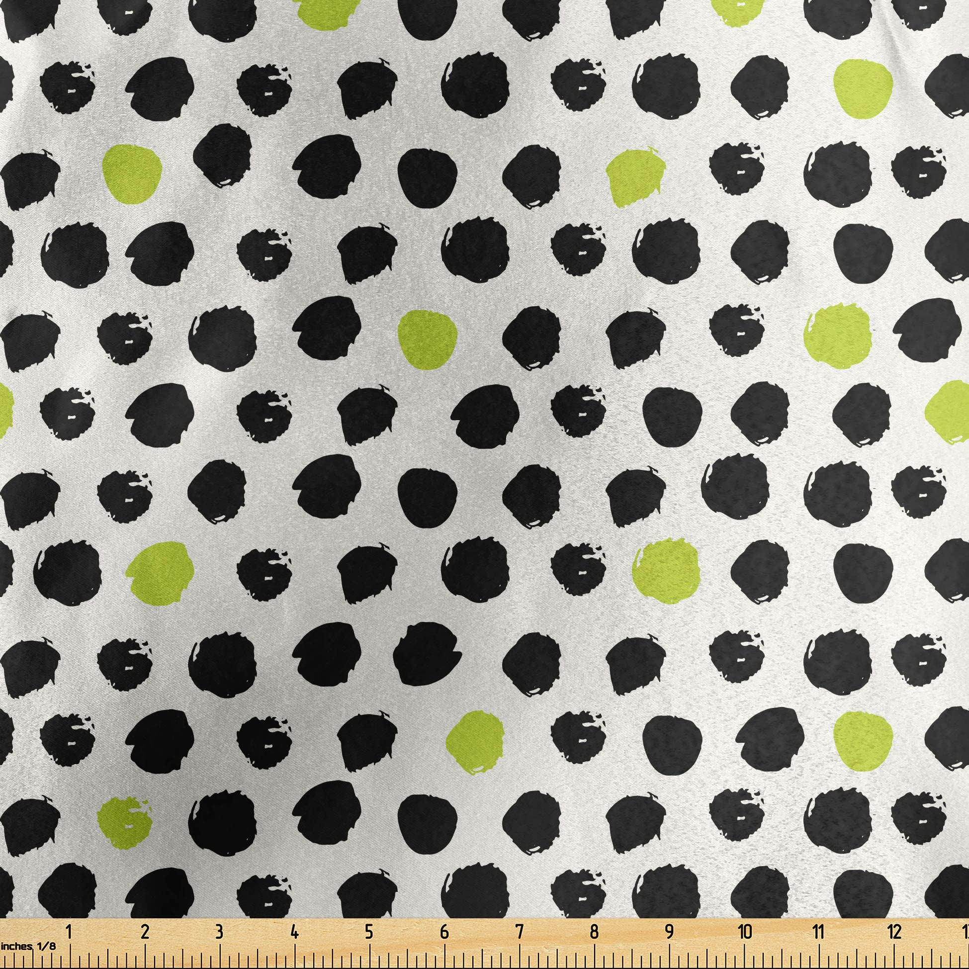 Lunarable Abstract Hand Drawn Fabric by The Yard - Formless Circular Patch Brushstroke Polka Dots Print - Decorative Satin Material for Home Textiles, DIY Crafts & Upholstery (10 Yards, Black Cream Lime Green) - Perfect for Curtains, Pillows, Quilting & Sewing Projects