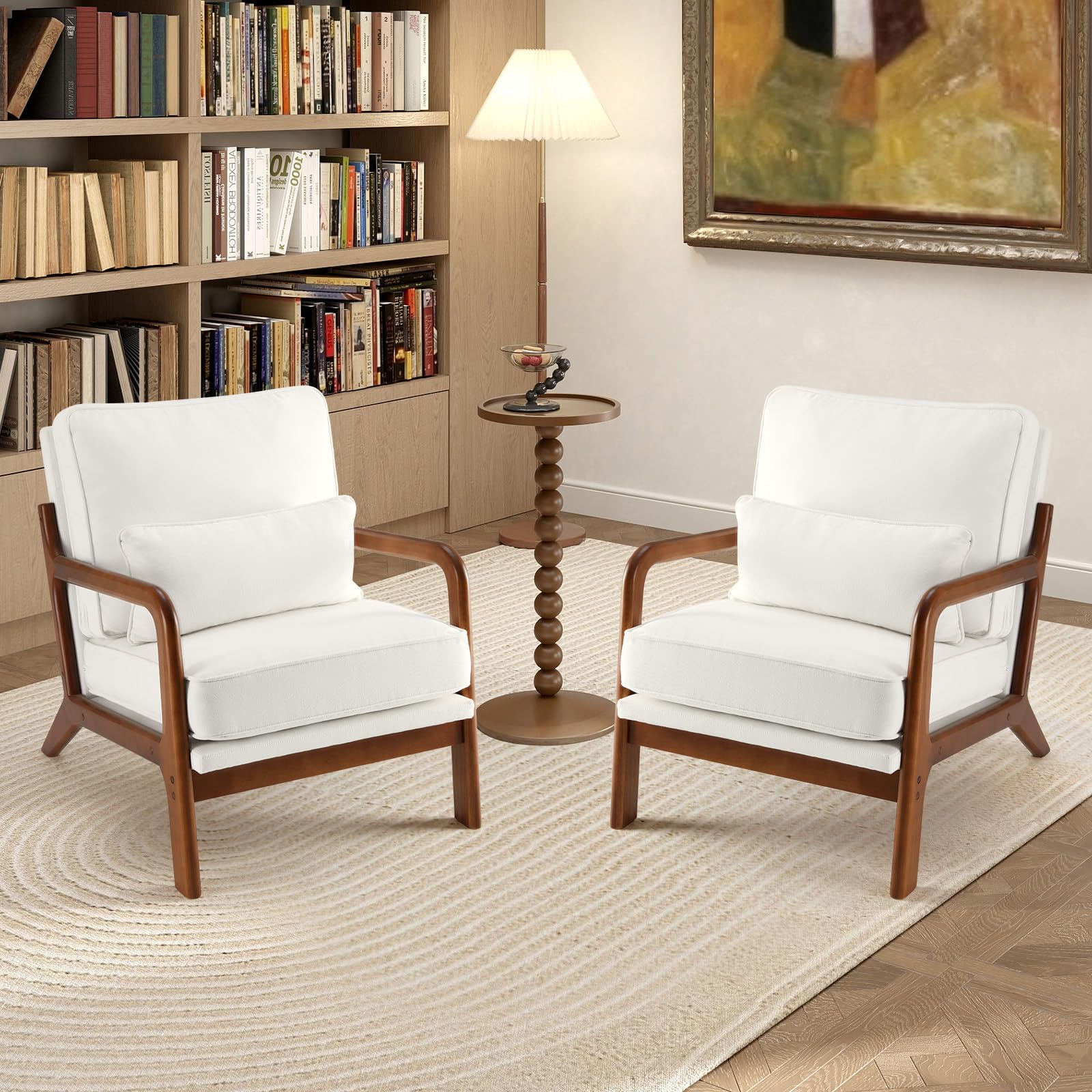 DUMOS Mid Century Modern Accent Chair with Pillow Seat - Upholstered Lounge Chair with Solid Wood Frame & Soft Cushion - Comfortable Reading Armchair for Living Room, Bedroom, Office, Balcony - Beige Home Decor