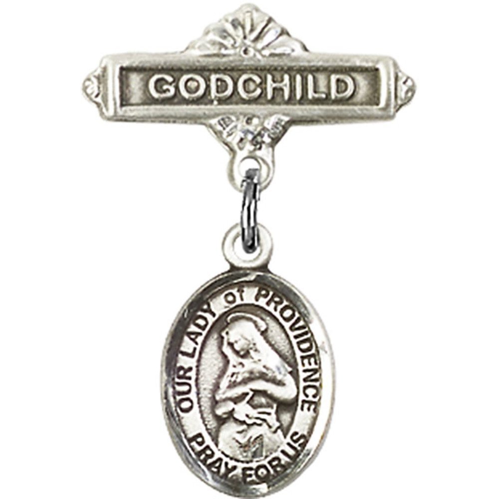 925 Sterling Silver Baby Badge with Our Lady of Providence Charm & Godchild Pin - 1 x 5/8 Inch - Perfect for Christenings, Baptisms & First Communion Gifts