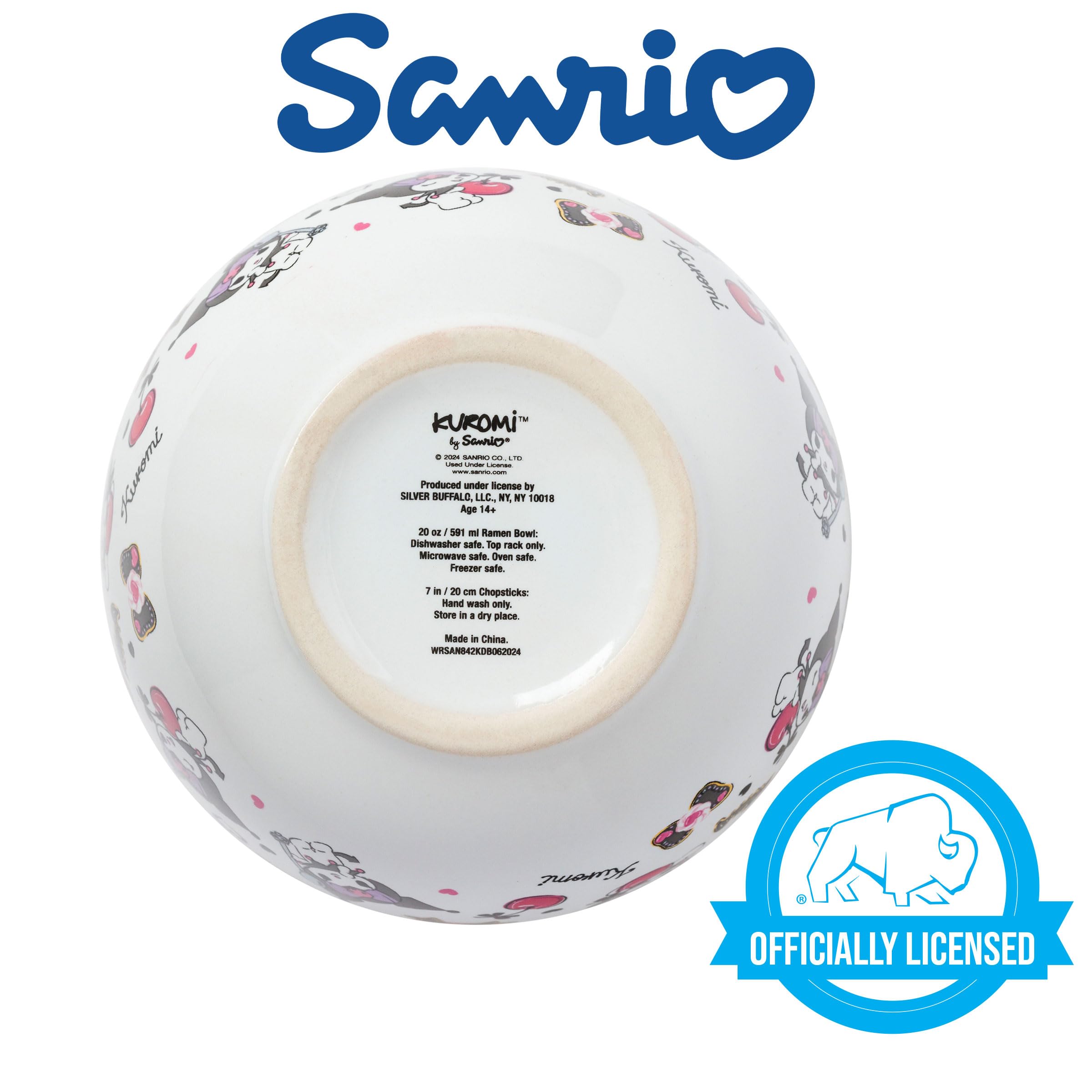 Sanrio Hello Kitty & Friends Kuromi Chocolate Cherry Ceramic Ramen Bowl - 20oz Microwave Safe Noodle Rice Dish with Chopsticks | Cute Anime Dinnerware for Home, Office & Gift