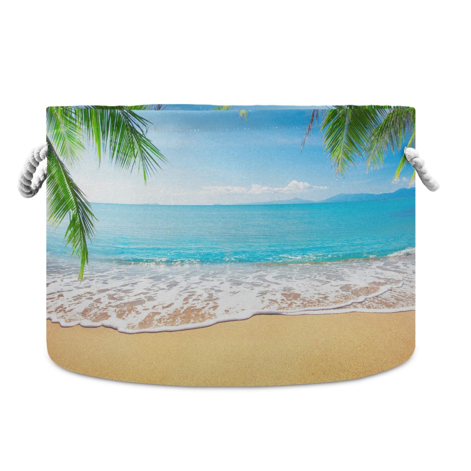 Collapsible Waterproof Round Storage Basket with Handles - Large Laundry Hamper & Organizer for Beach, Nursery, Closet | Perfect for Baby Toys, Gifts & Tropical Home Decor