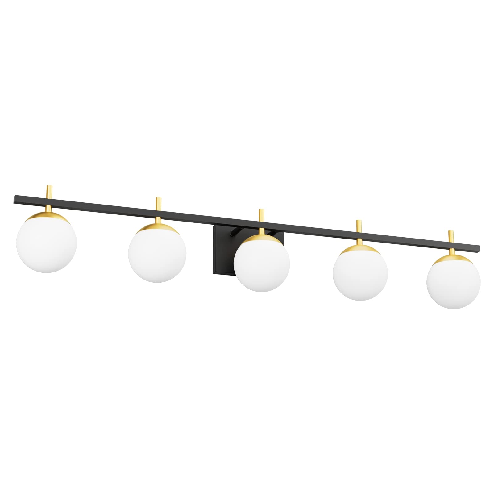 Ralbay Mid Century Modern Vanity Light Fixture - 5 Light Milky Glass Globe Bathroom Sconce for Mirror Lighting, Black/Gold Finish - Perfect for Contemporary Bathroom, Powder Room, and Dressing Area Illumination