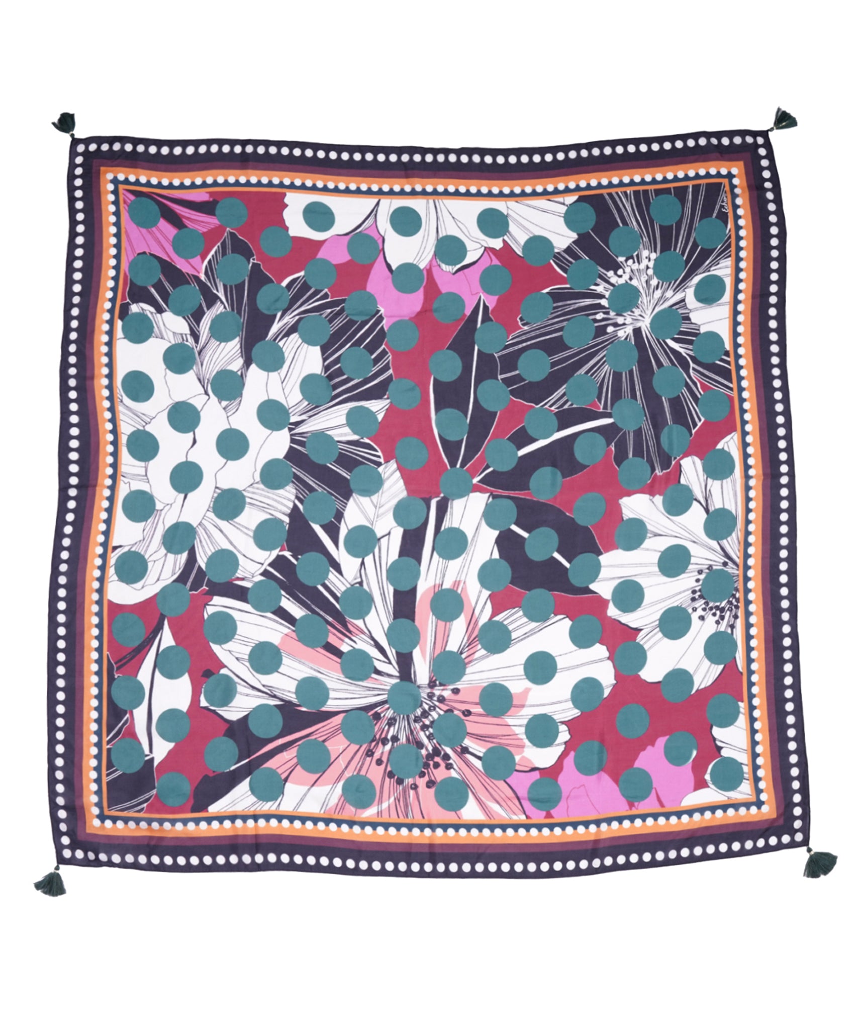 Dotty Floral 42 Inch Tassel Square Scarf - Lightweight Fashion Scarf for Women, Boho Style Accessory for Spring & Summer Outfits, Perfect for Beach, Travel and Casual Wear