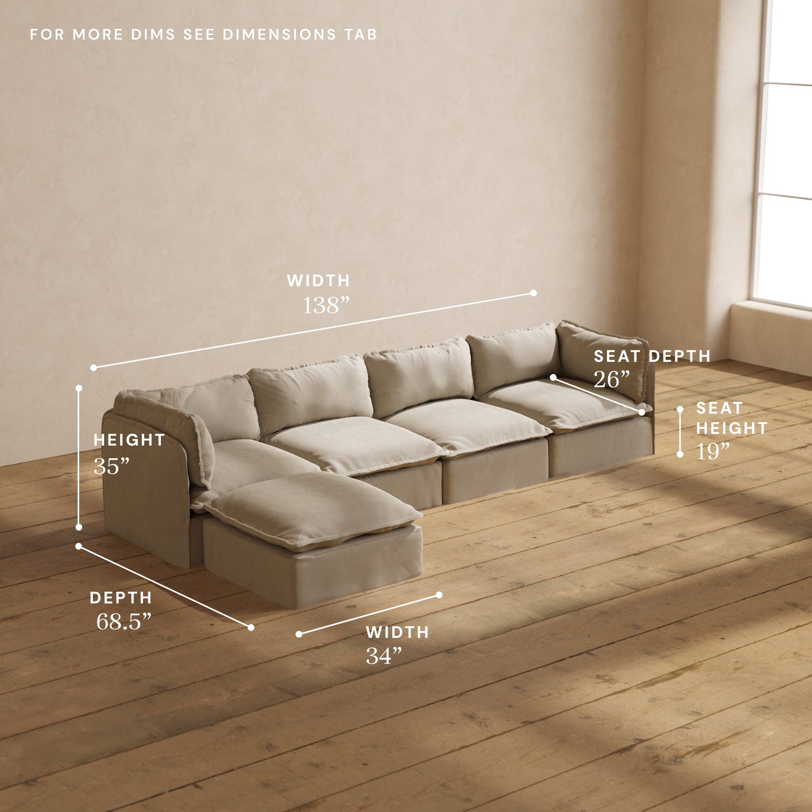 Dune Modular Performance 4-Seater Sectional Sofa - Soft & Durable Relaxed Blend Fabric - Perfect for Living Room, Family Room or Home Theater