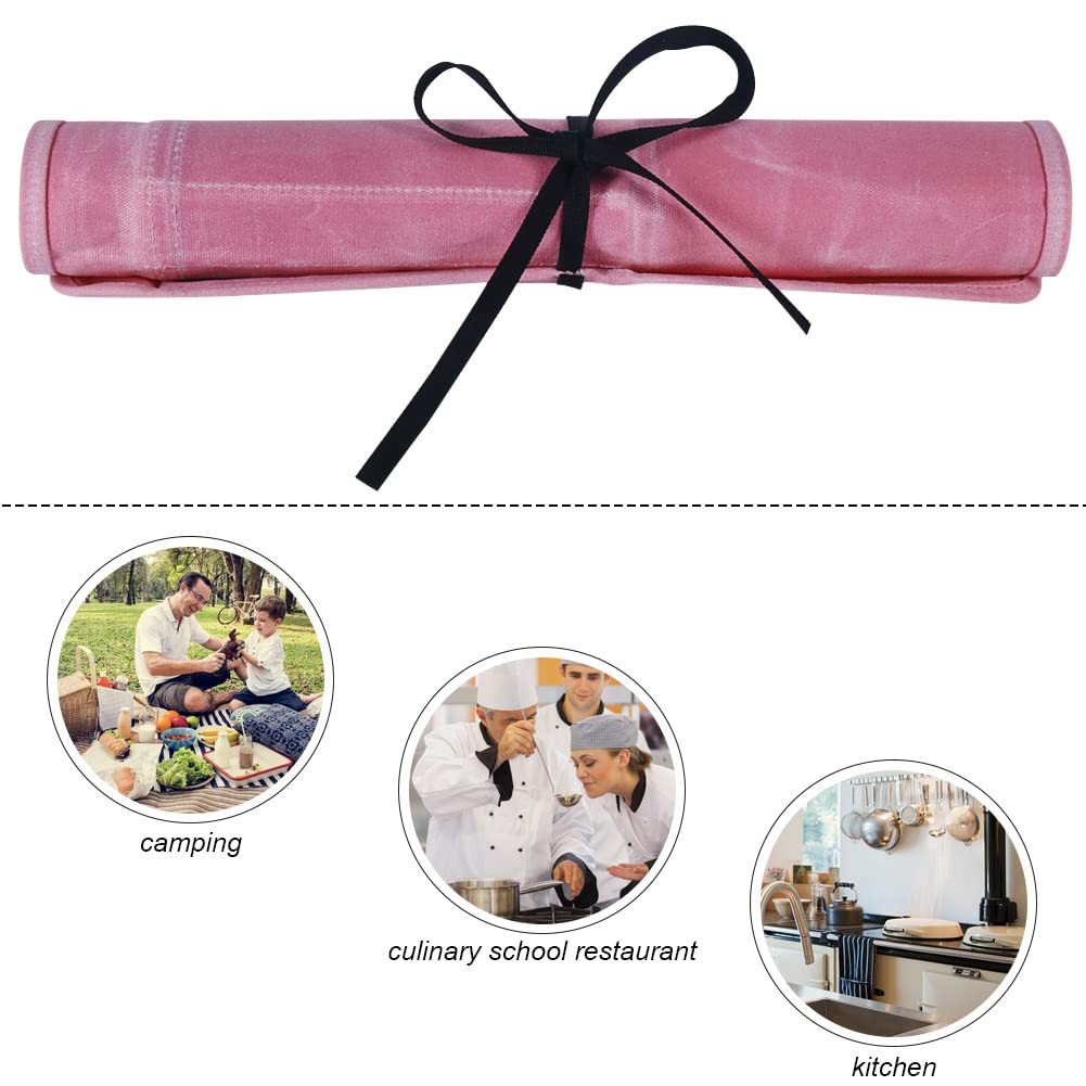 Heavy Duty Waxed Canvas Knife Roll Bag with 6 Slots - Professional Chef Knife Pouch Holder for Kitchen, Travel & Camping - Durable Pink Knife Storage for Home & Outdoor Use