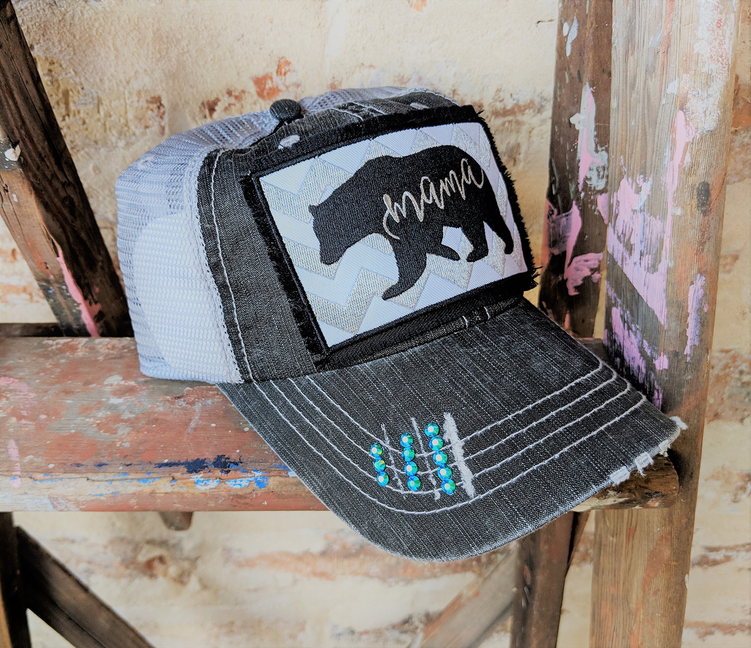 Women's Mama Bear Embroidered Patch Baseball Cap - Adjustable Mesh Back Trucker Hat in Dark Grey/Black | Lightweight Mother's Day Birthday Gift with Optional Rhinestone Personalization | Perfect for Outdoor Activities, Casual Wear & Special Occasions