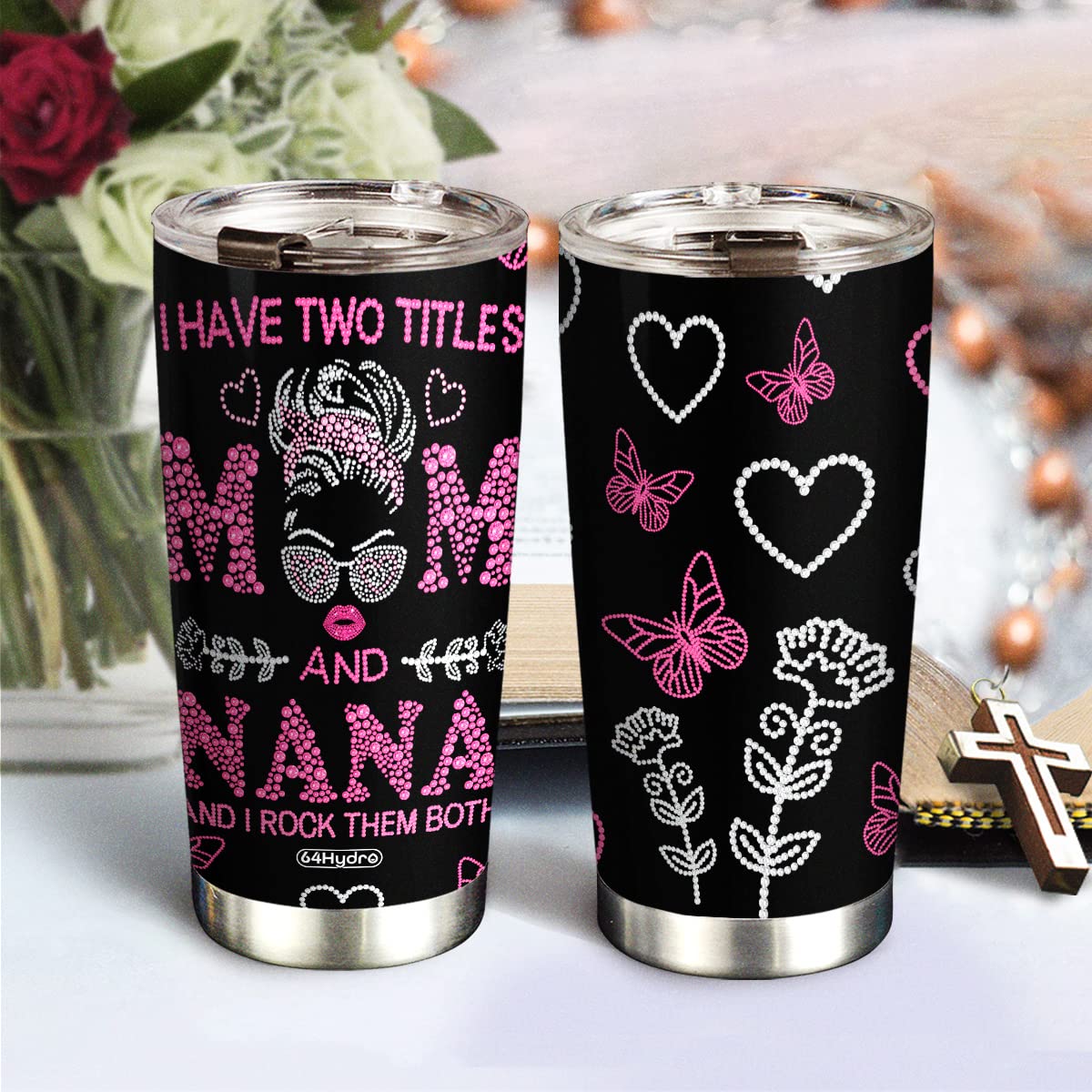 64HYDRO 20oz Insulated Tumbler Cup with Lid - Pink Vacuum Insulated Travel Coffee Mug for Women, Perfect Birthday Gift for Mom, Grandma, Nana - Great for Office, Gym, Travel & Daily Use