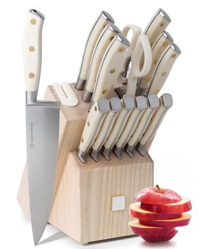 White Handle with Gold Rivets, Silver Blade & Ashwood Block
