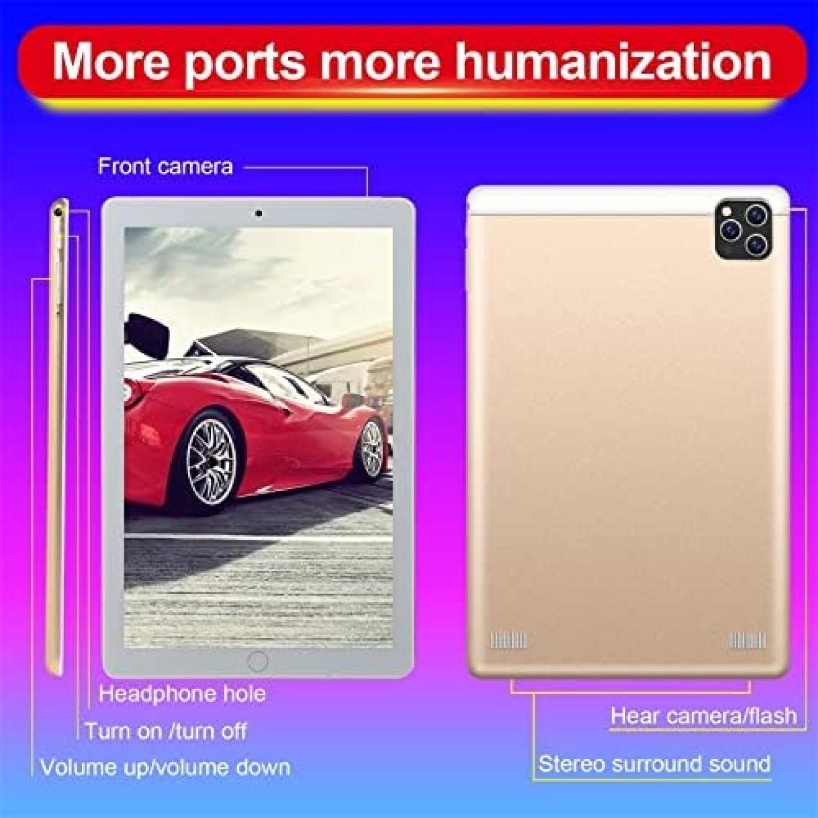 10 Inch Android Tablet with 3G/4G LTE, Dual SIM Slots, Quad-Core Processor, HD Touchscreen, WiFi, Bluetooth, GPS - Gold | Perfect for Travel, Business & Entertainment
