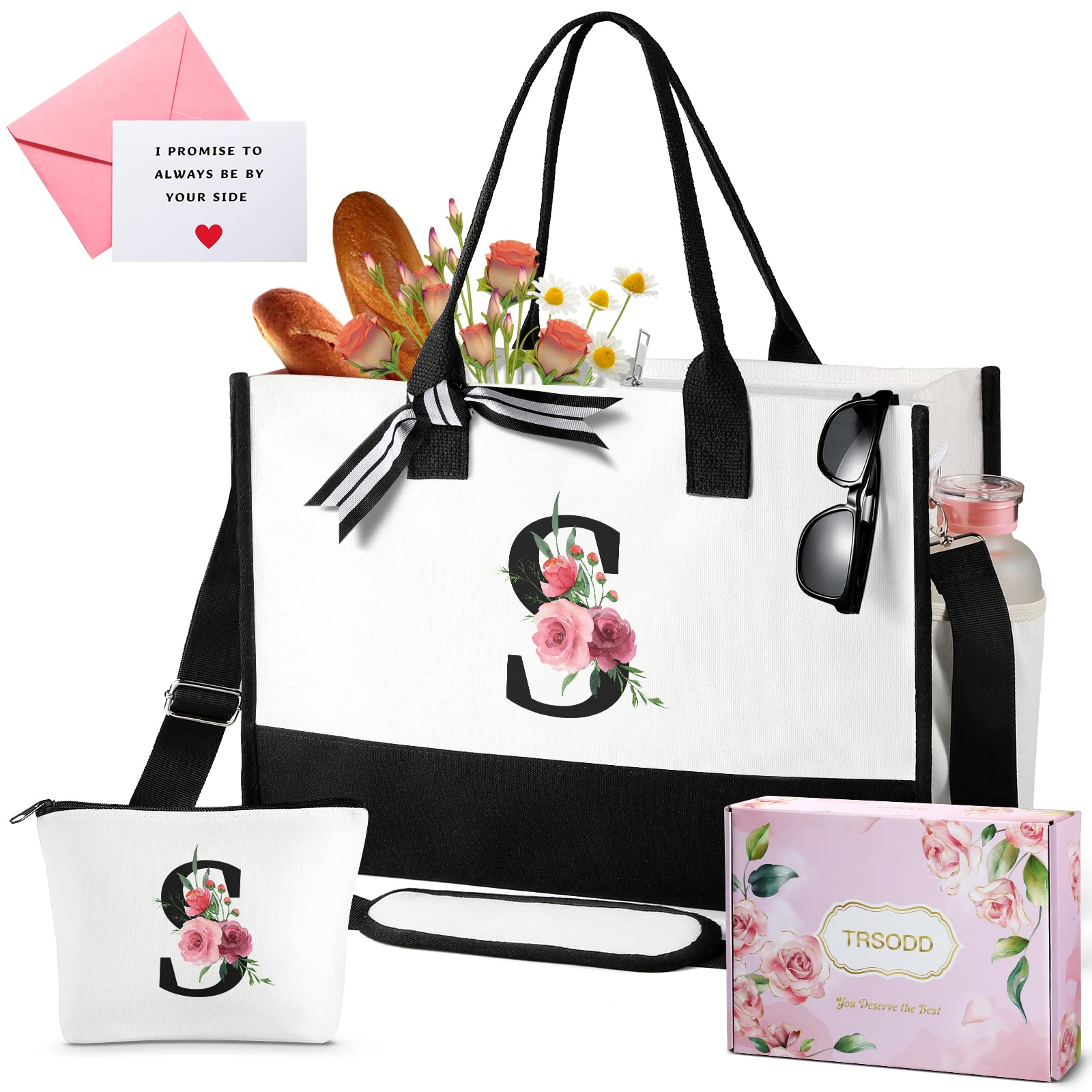 Personalized Initial Tote Bag for Women - Birthday Gifts, Mother's Day Presents for Mom, Wife, Grandma, Daughter, Sister & Teacher - Adjustable Shoulder Strap with Free Makeup Pouch - Perfect for Shopping, Work, Travel & Daily Use