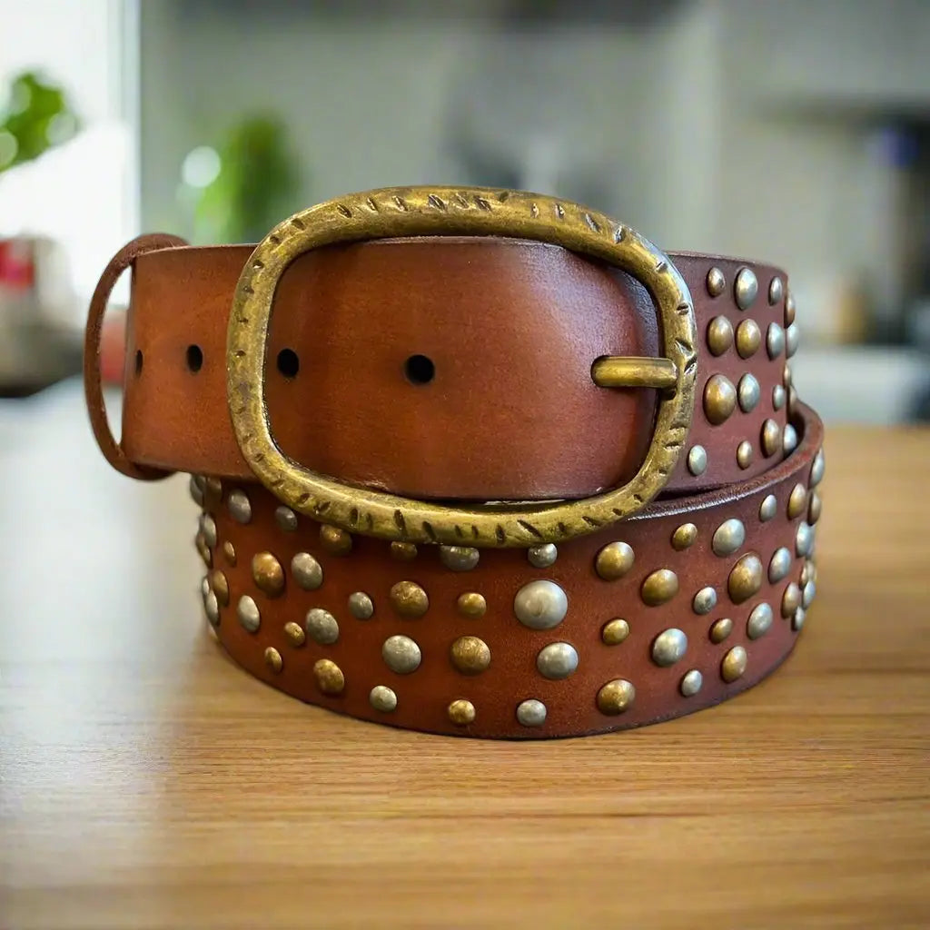 Premium Women's Full Grain Leather Belt with Oval Buckle & Studs - Classic Fashion Accessory for Office, Casual & Formal Outfits