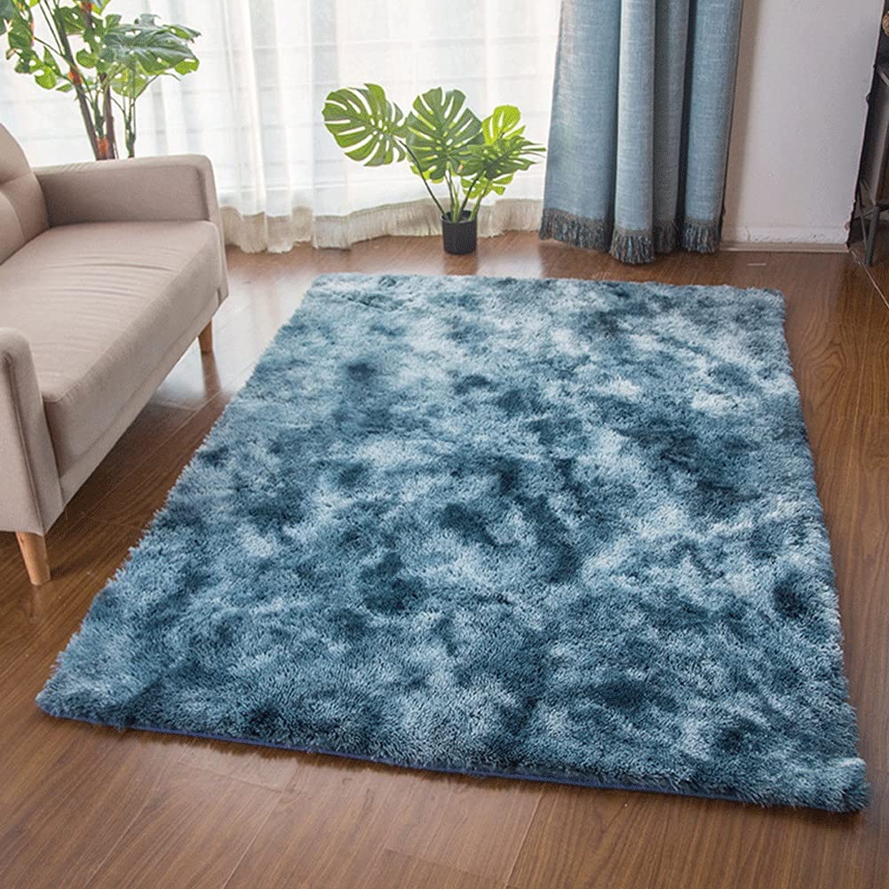 XZYBXAY Tie-Dye Gradient Long Hair Washable Area Rug Set - Non-Slip Rug Pad for Living Room, Bedroom, Coffee Table - Blue Carpet for Home Decor & Cozy Floor Covering