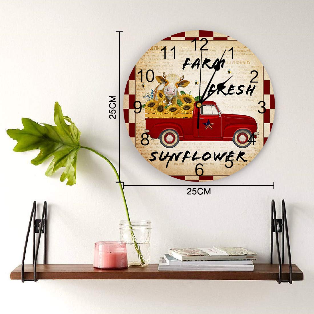 10 Inch Silent Non-Ticking Wall Clock - Battery Operated Round Farmhouse Decor with Red Truck & Sunflower Design - Perfect for Living Room, Kitchen, Home Office, School (USA Country Style)