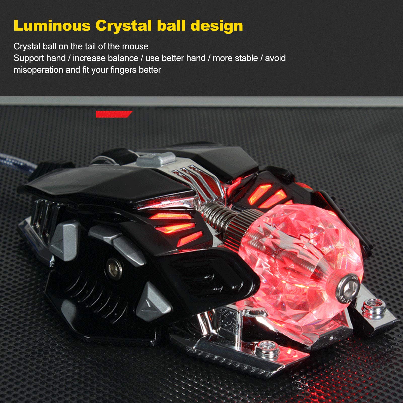 Mechanical Gaming Mouse with Glowing Crystal Ball - Wired USB, 4-Color Breathing Light, Ergonomic Design for Windows PC Gamers, Perfect for Esports and Office Use