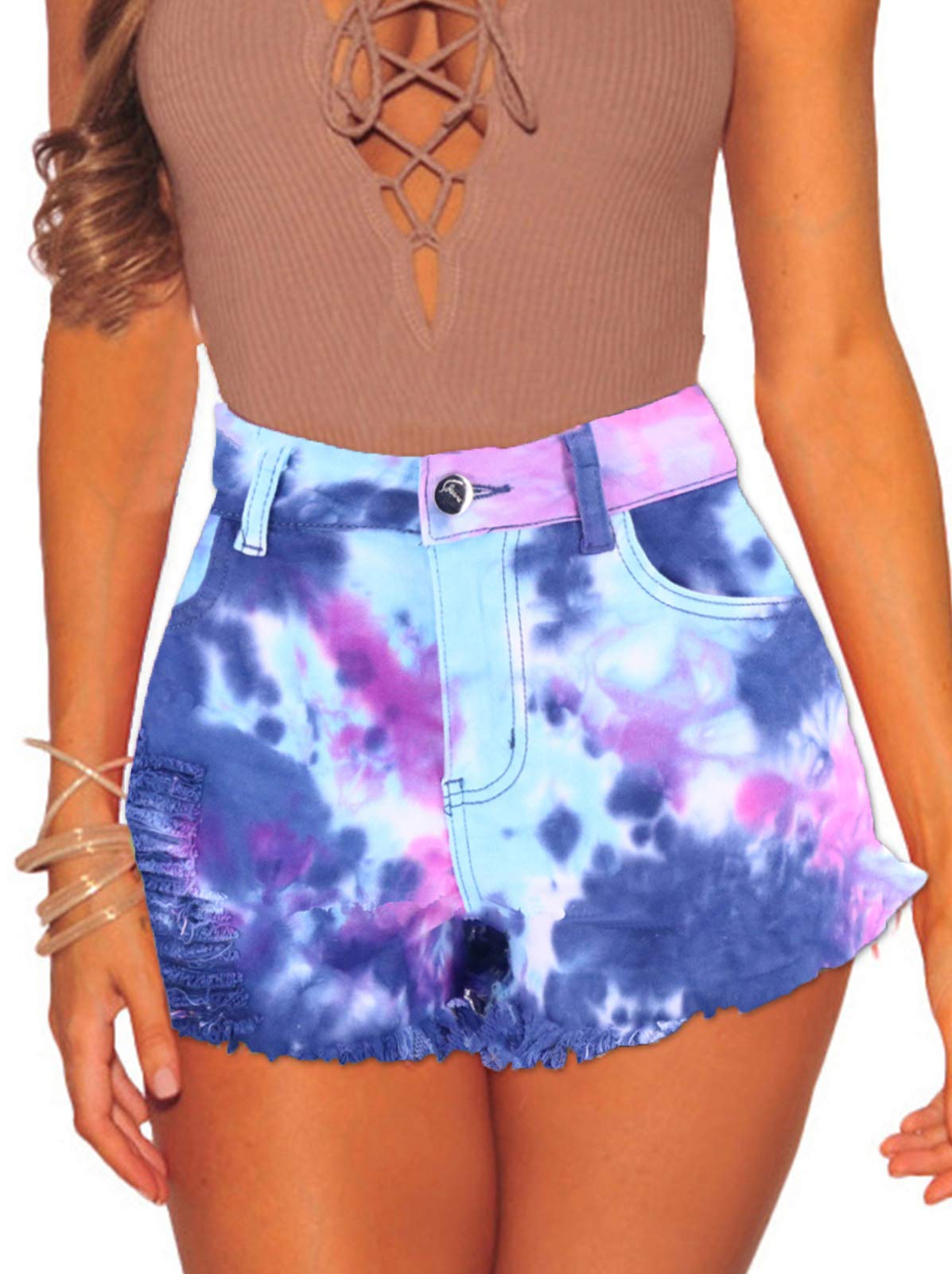 FEOYA Women's Mid Rise Ripped Denim Shorts - Tie Dye Frayed Raw Hem Jean Shorts in Pink (Sizes S-2XL) | Perfect for Summer Outfits, Beach Vacations & Casual Street Style