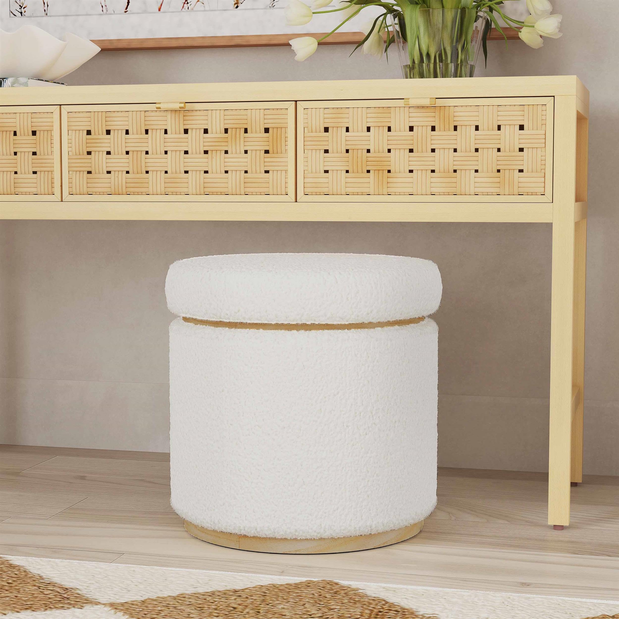 Linon Hawn Round Padded Storage Ottoman with Light Wood Trim - Natural Sherpa Fabric Upholstered Footrest Stool for Living Room, Bedroom & Home Decor