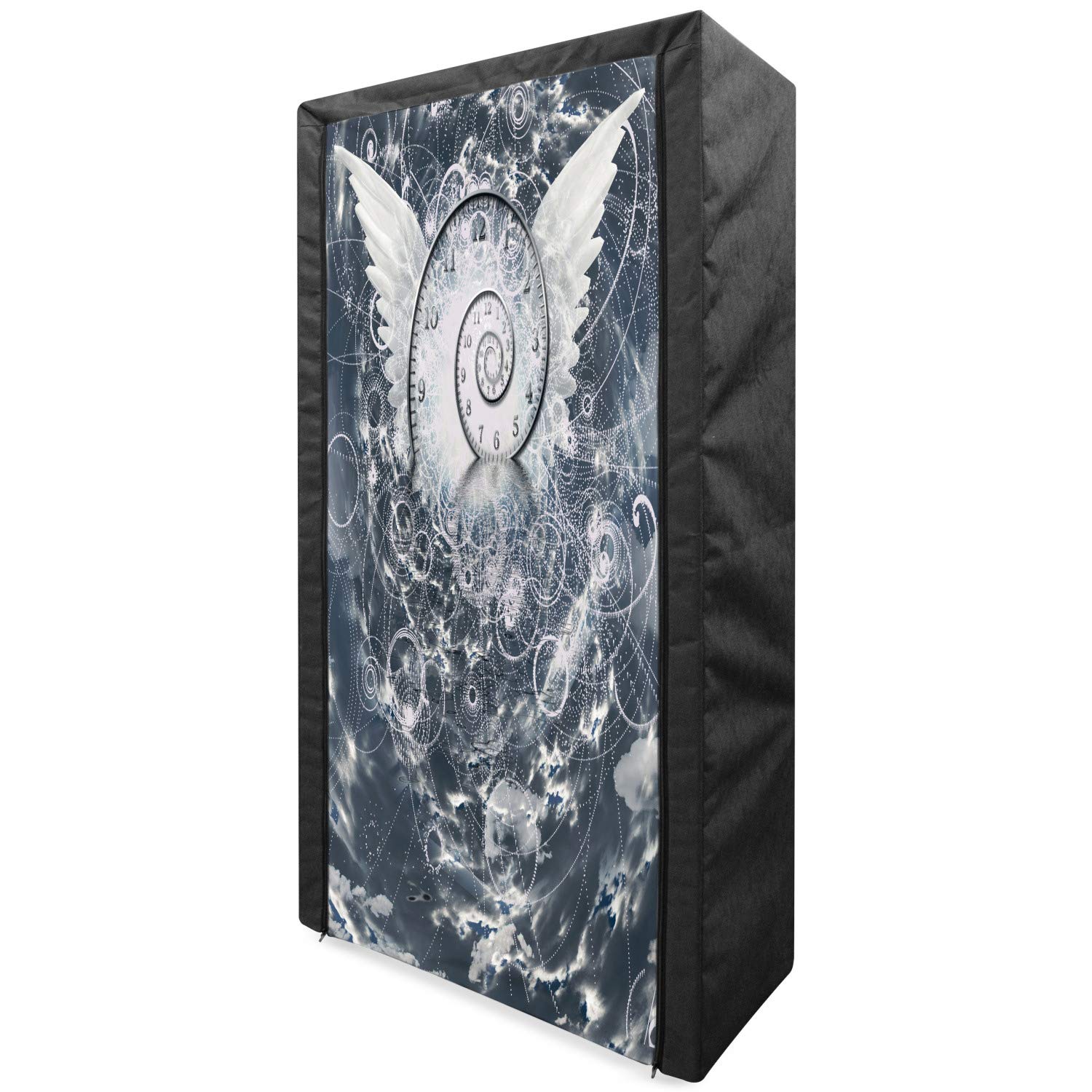 Ambesonne Psychedelic Portable Fabric Wardrobe - Surreal Winged Time Spiral Design with Geometric Cloud Circles - 33.5