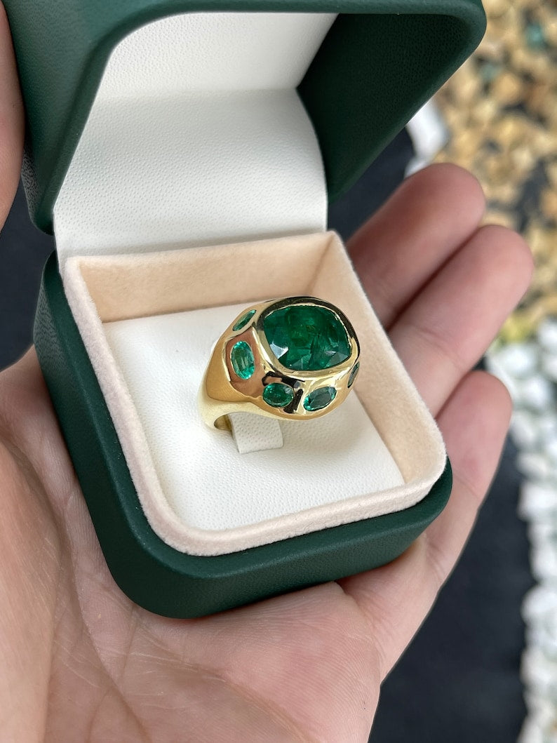 11.61tcw 18K Gold Cushion Oval Cut Natural Multi Emerald Gypsy Statement 9 Stone Ring for Women - Elegant Wedding, Anniversary, Party & Evening Wear Jewelry Gift