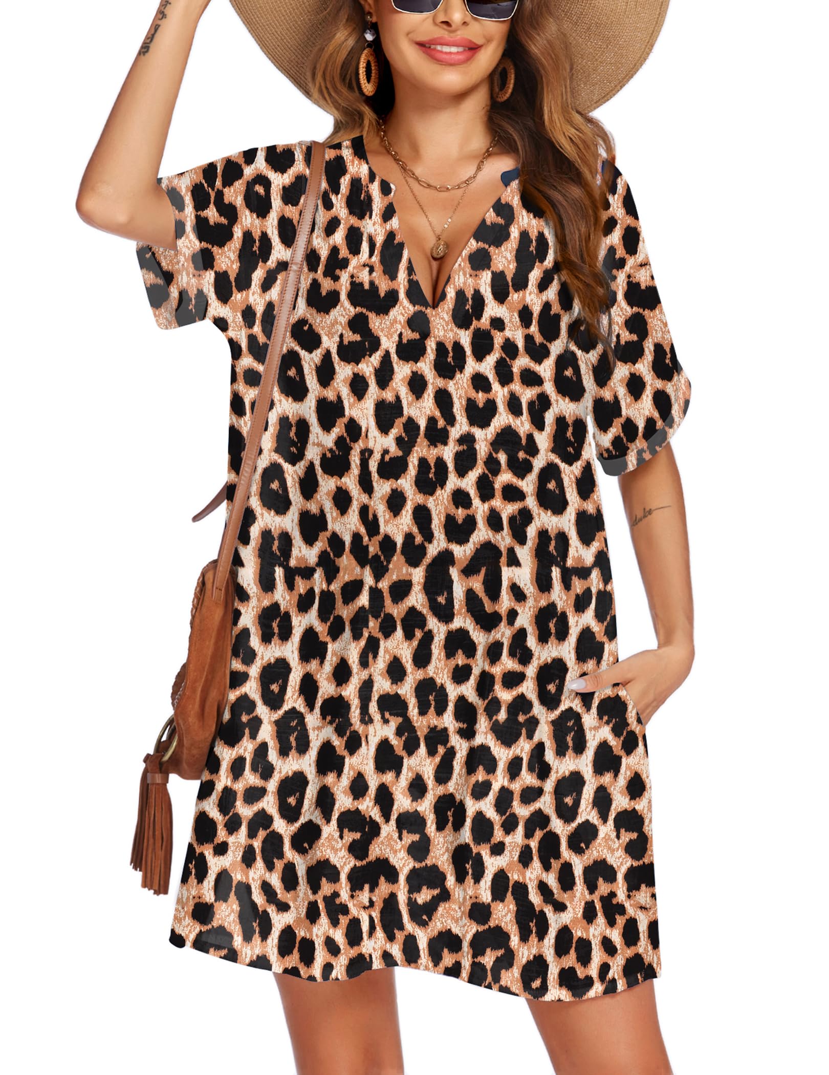 AI'MAGE Women's Swimsuit Cover Up Dress - Lightweight Beach Coverup with Pockets, Bikini Wrap, A-Line Swim Dress for Pool, Vacation & Summer Outfits