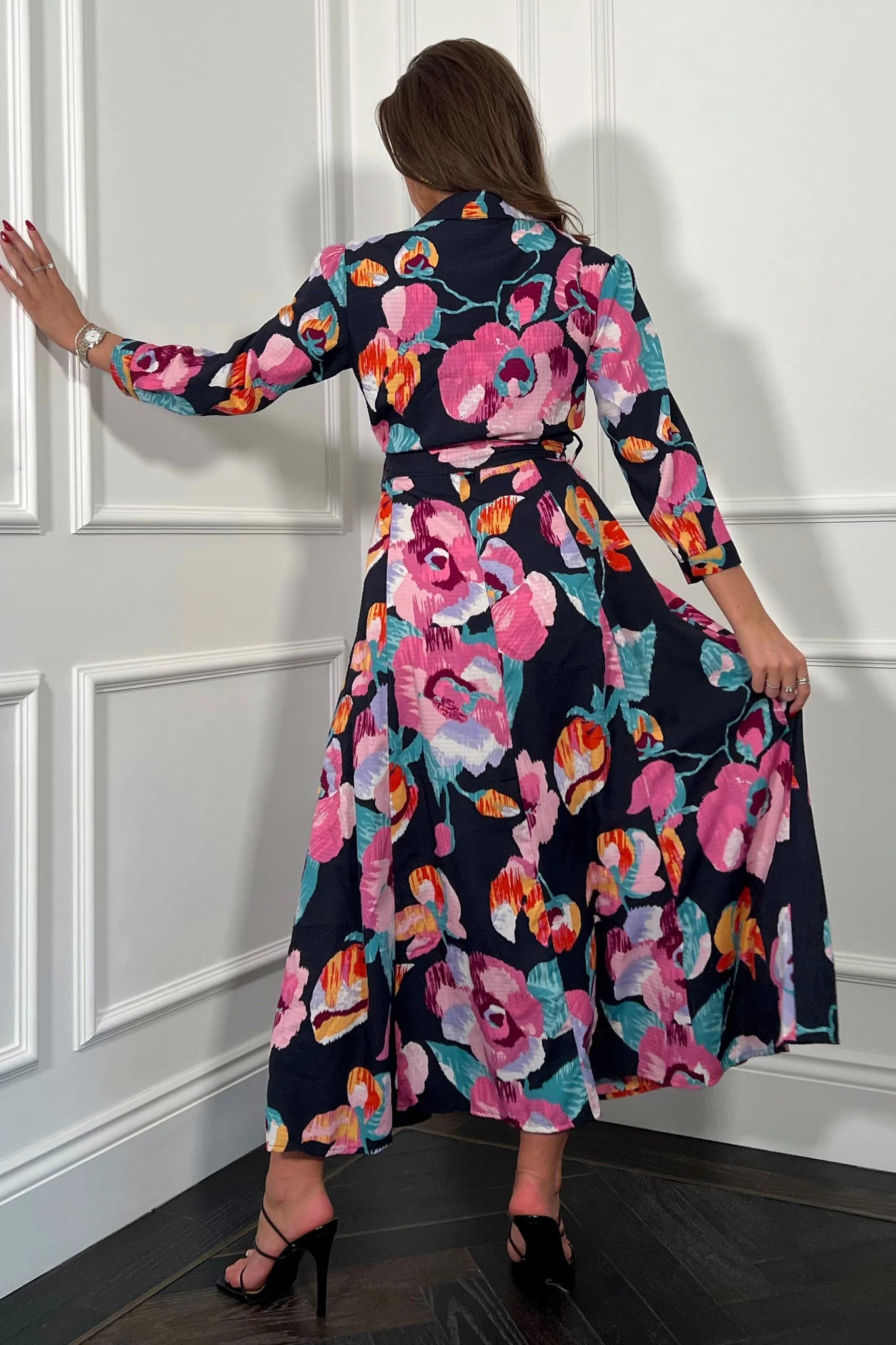 ANGELA Floral Print Shirt Dress for Women - Navy & Purple Summer Dress - Perfect for Casual Outings, Beach Vacations, and Office Wear