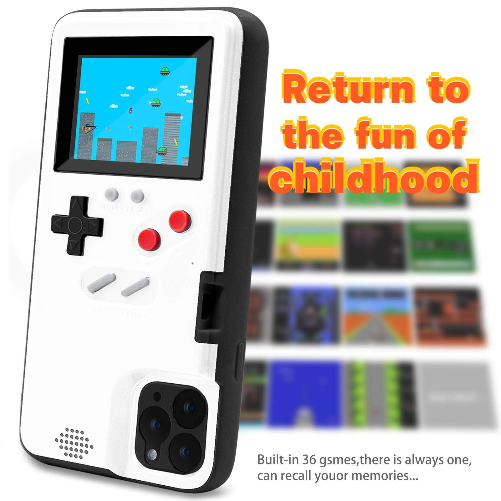 LucBuy Retro Game Console Case for iPhone 11 Pro Max - Shockproof Protective Cover with 36 Built-in Games & Full Color Display | Self-Powered Gaming Case | Perfect for Travel, Commuting & Entertainment (White)