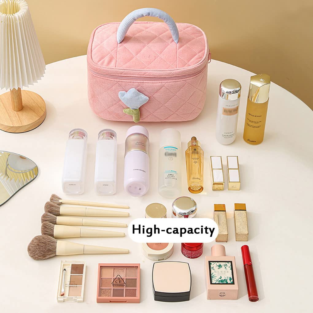 ACMEDE 3D Tulip Flower Makeup Bag for Women - Large Capacity Travel Cosmetic Organizer with Zipper, Corduroy Toiletry Bag for Girls | Perfect for Travel, Gym & Daily Beauty Storage (Beige)