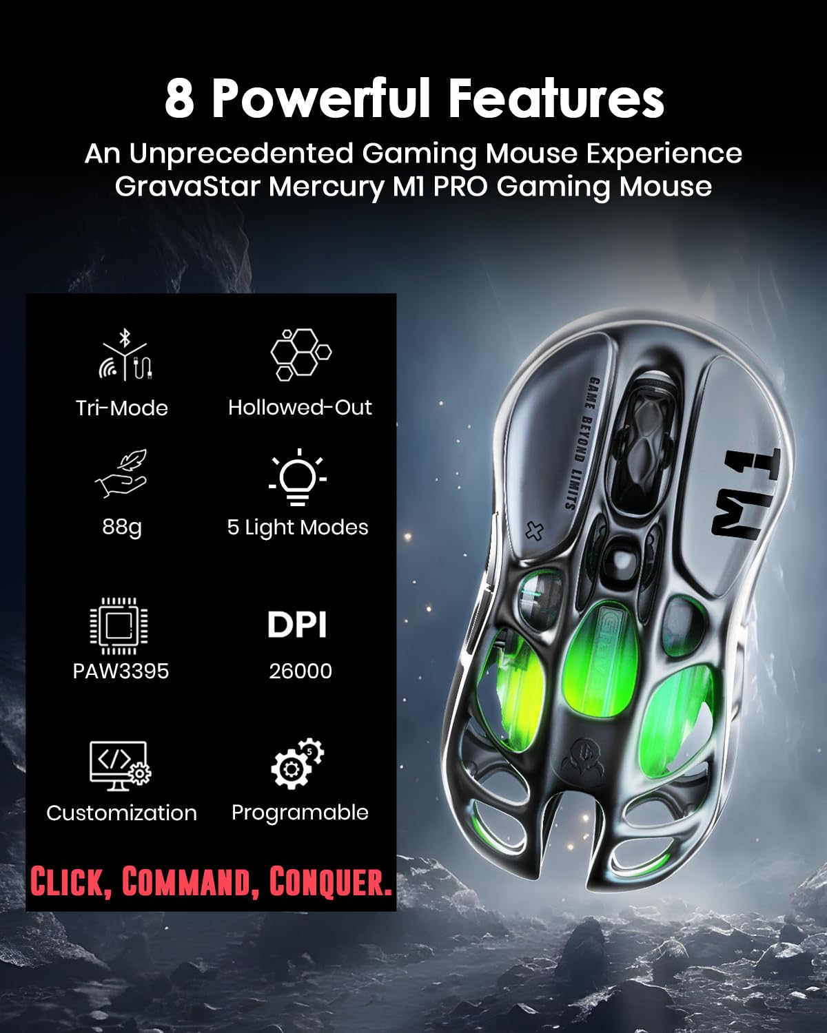 GravaStar Mercury M1 Pro Wireless Gaming Mouse - Lightweight Magnesium Alloy, 26,000 DPI, PAW3395DM Sensor, Tri-Mode Connectivity, 4K Support, 200H Battery Life - Perfect for PC, Mac, Esports & Competitive Gaming