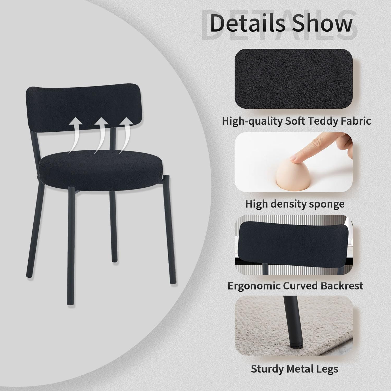 Modern Dining Chairs Set of 4 - Round Upholstered Boucle Sherpa Kitchen Chairs with Curved Backrest & Black Metal Legs | Mid-Century Style for Dining Room, Breakfast Nook & Small Space Decor