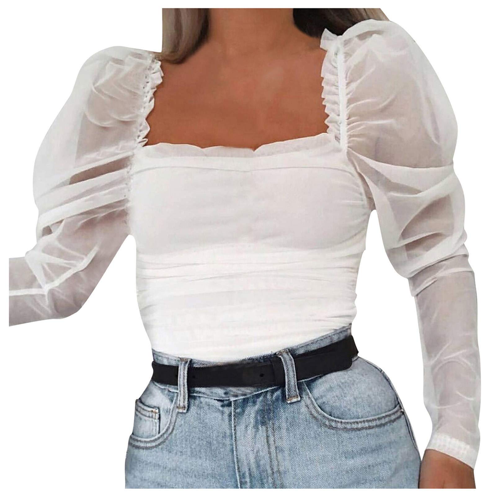 Women's Puff Sleeve Square Neck Mesh Shirt - Summer Tunic Top for Women | Casual Wear, Beach Outfits & Office Attire