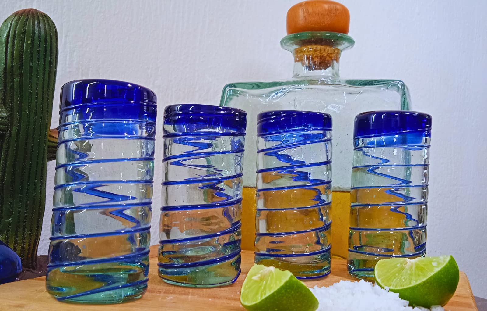 Authentic Mexican Tequila Shot Glasses Set - Hand Blown 2oz Tequila Glasses (4-Piece, Cobalt Blue Spiral Design) - Perfect for Parties, Cinco de Mayo Celebrations & Home Bar Decor