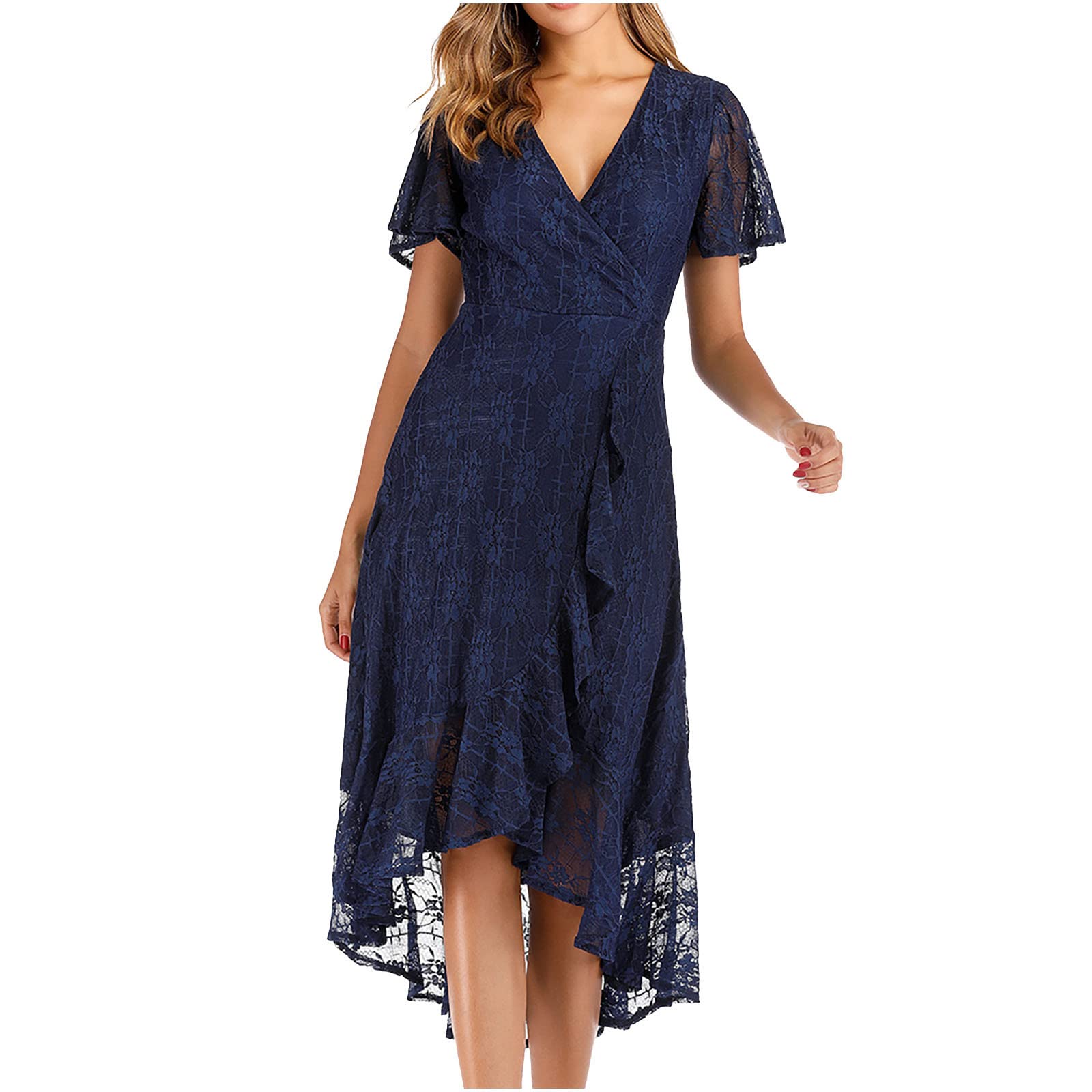 Elegant Lace V-Neck Short Sleeve Wedding Guest Dress for Women - Ruffle High-Low Hem Formal Cocktail Party Dress for Summer Weddings, Bridal Showers & Special Occasions