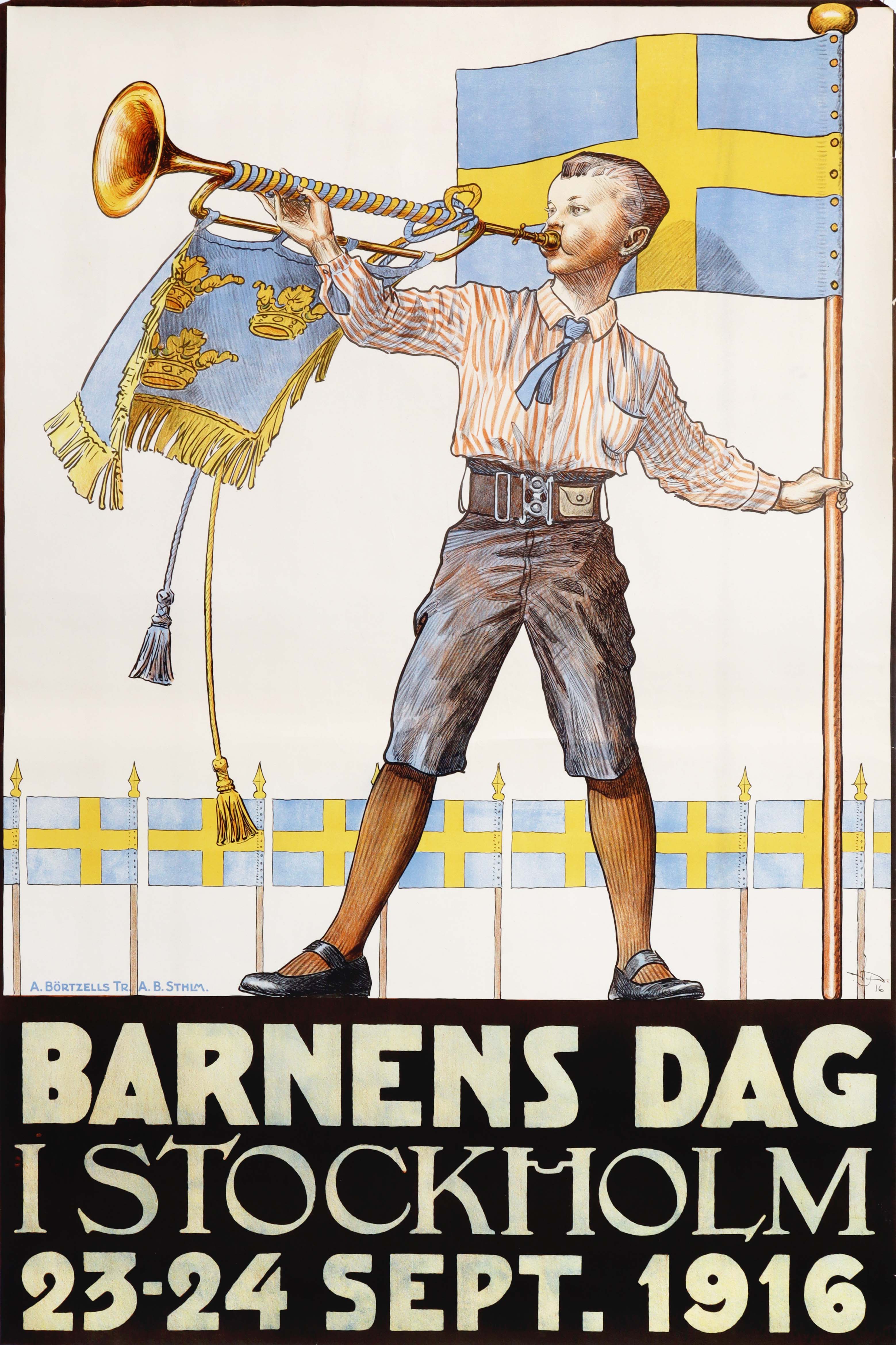 Vintage 1916 Swedish Art Deco Poster - Barnens Dag (Children's Day) - Perfect for Home Decor, Office Wall Art & Scandinavian Design Enthusiasts