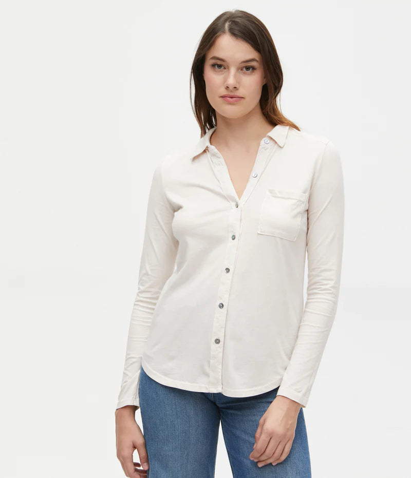 Caroline Button Down Tee - Women's Casual Short Sleeve Shirt in Chalk White | Perfect for Office Wear, Weekend Outfits & Summer Fashion
