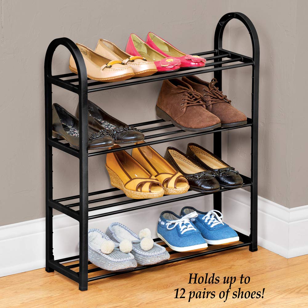 4-Tier Metal Shoe Rack for Closet & Entryway - Space Saving Black Shoe Organizer Holds 12 Pairs - Perfect for Small Spaces, Apartments & Home Organization
