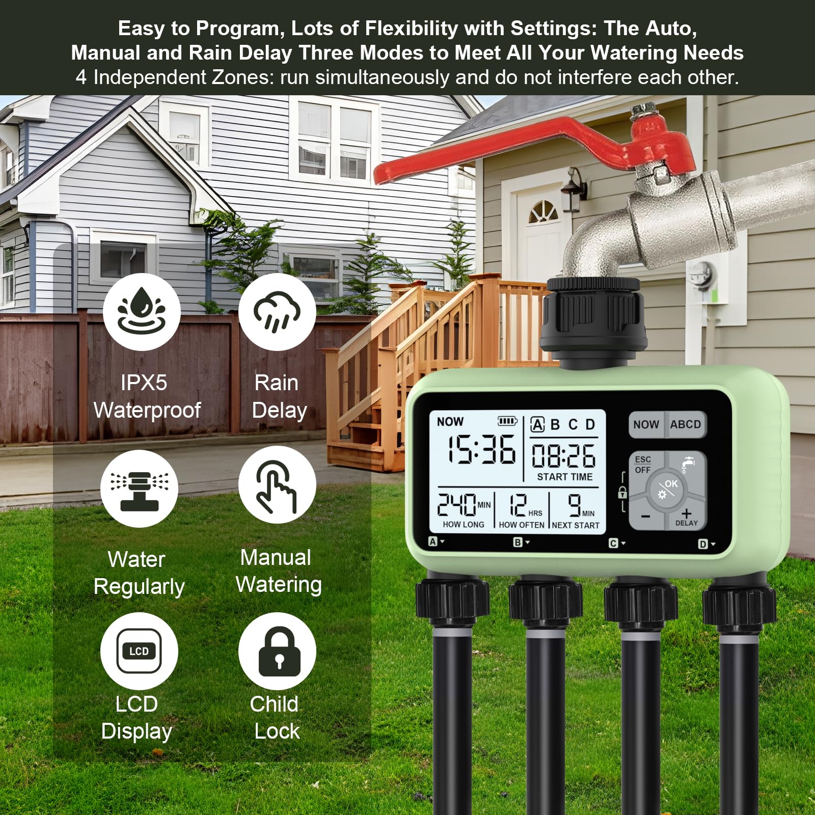 XinFuture 4 Outlet Sprinkler Timer - Programmable Garden Hose Timer with Rain Delay & Waterproof Digital Irrigation Controller for 4 Zones | Automatic & Manual Watering System for Lawn, Garden, Flower Beds & Outdoor Plants