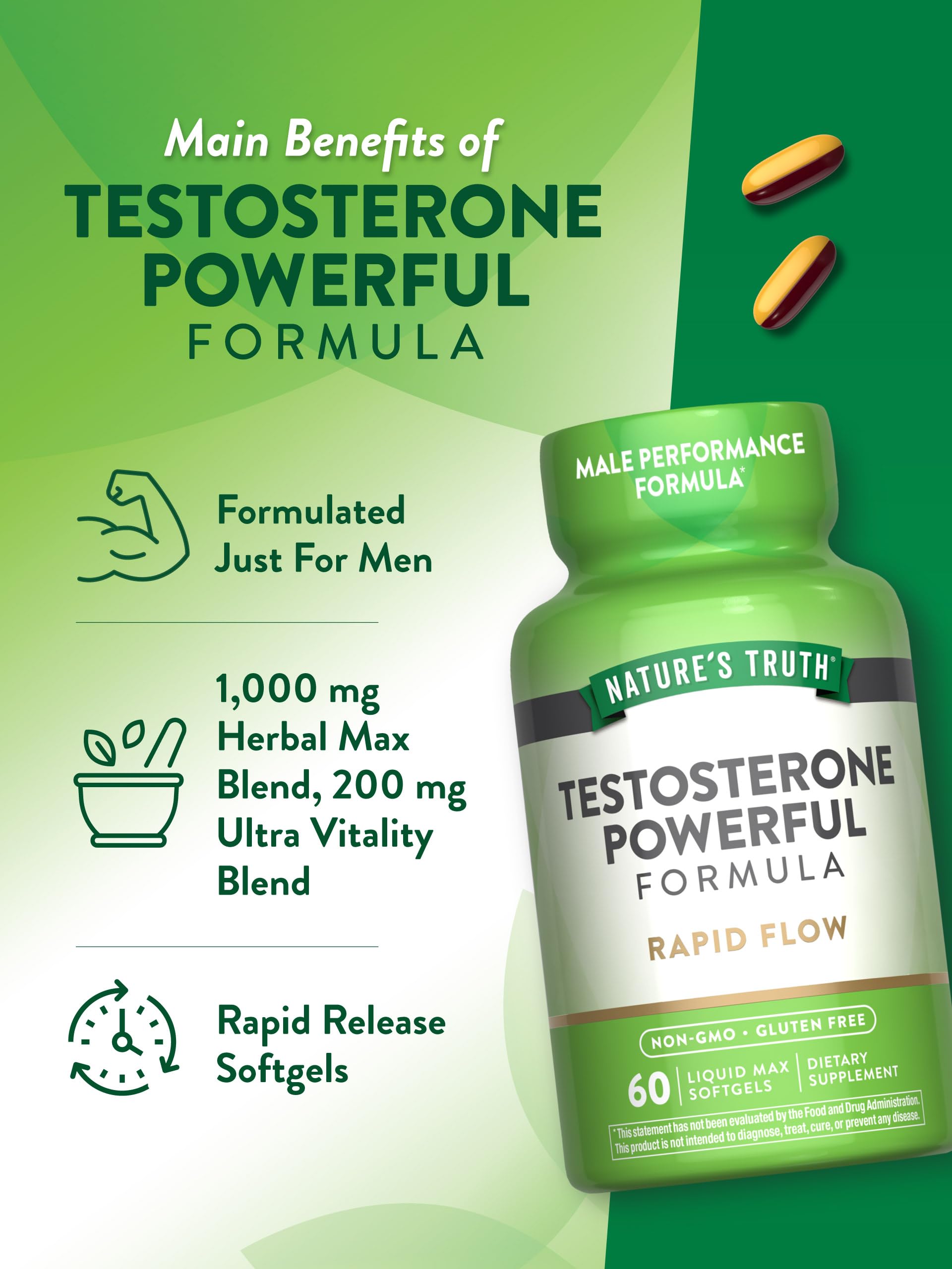 Nature's Truth Testosterone Booster for Men - 60 Softgels | Non-GMO, Gluten Free Supplement | Supports Energy, Muscle Growth & Vitality | Ideal for Fitness, Workout & Active Lifestyle