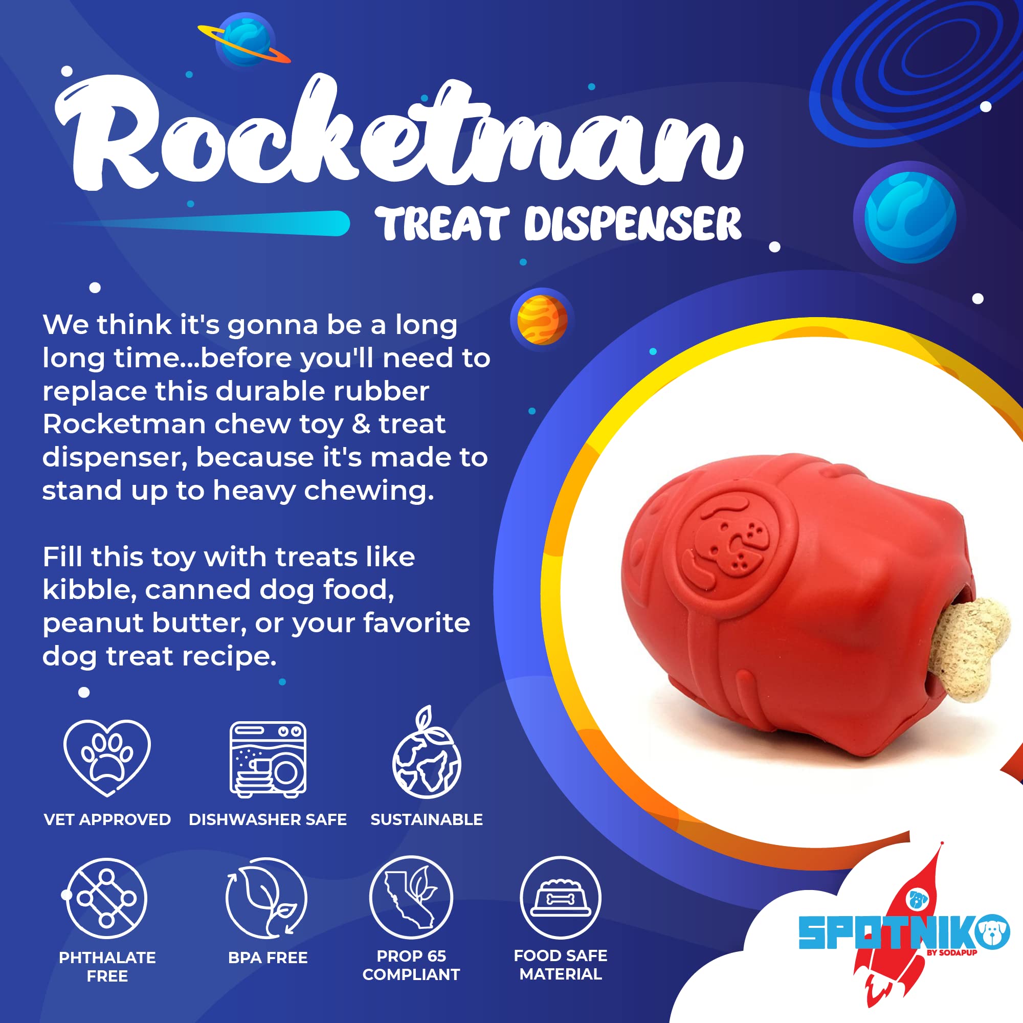 SodaPup Spotnik Rocketman - Durable Dog Chew Toy & Treat Dispenser | Non-Toxic Natural Rubber | Made in USA | Mental Stimulation & Anxiety Relief | Perfect for Aggressive Chewers, Training & Playtime