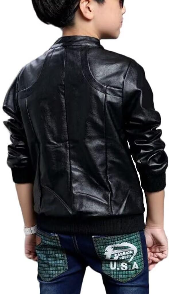 Elife Boys' Trendy Stand Collar PU Leather Motorcycle Jacket for Spring - Black | Stylish Biker Jacket for Kids Outdoor Riding & Casual Wear
