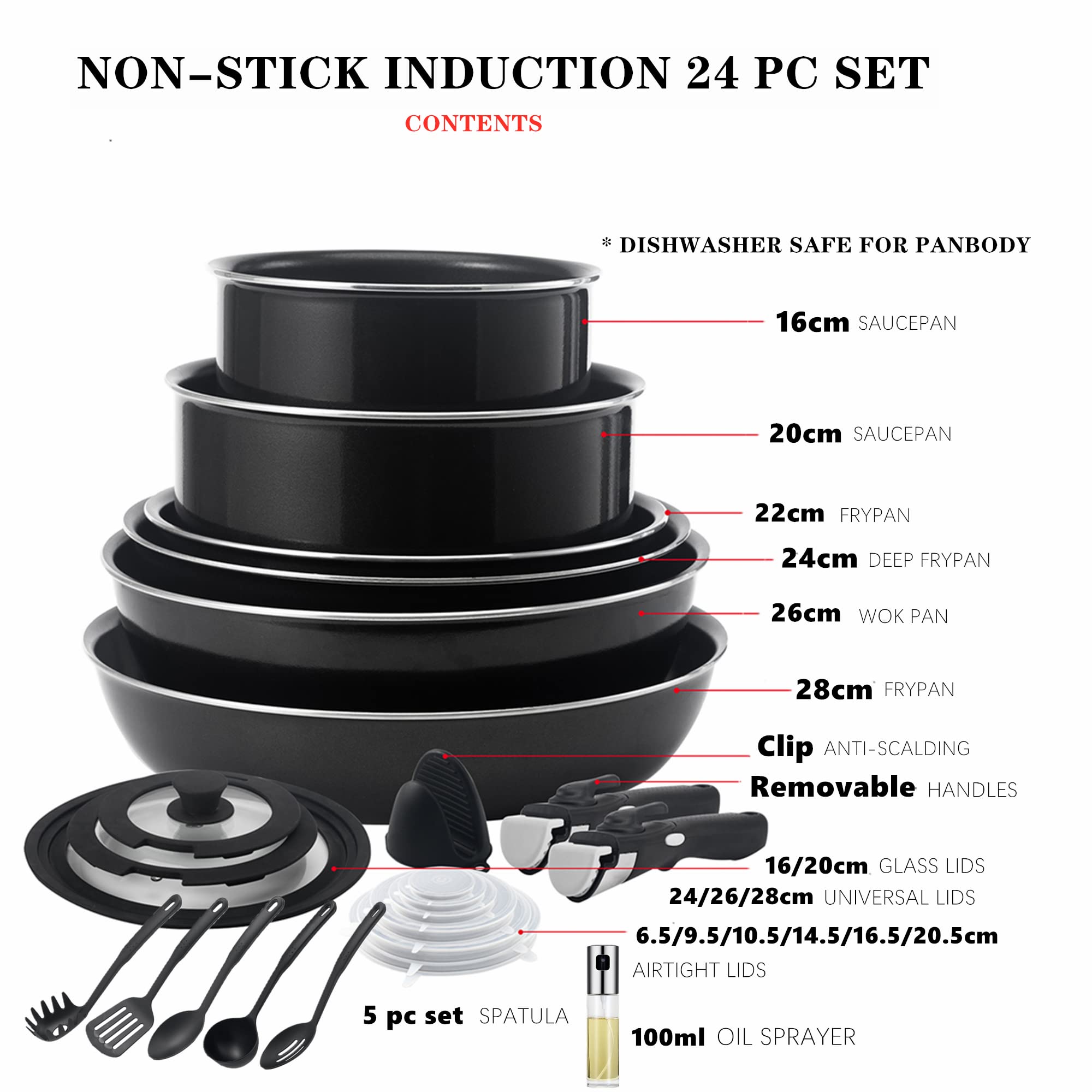 24-Piece Non-Stick Cookware Set with Oil Sprayer - Stackable Pots and Pans with Removable Handles for Space Saving - Compatible with RV, Camping, Oven, Induction, Gas & Electric Stovetops - Dishwasher Safe - Perfect for Small Kitchens, Apartments and Outdoor Cooking
