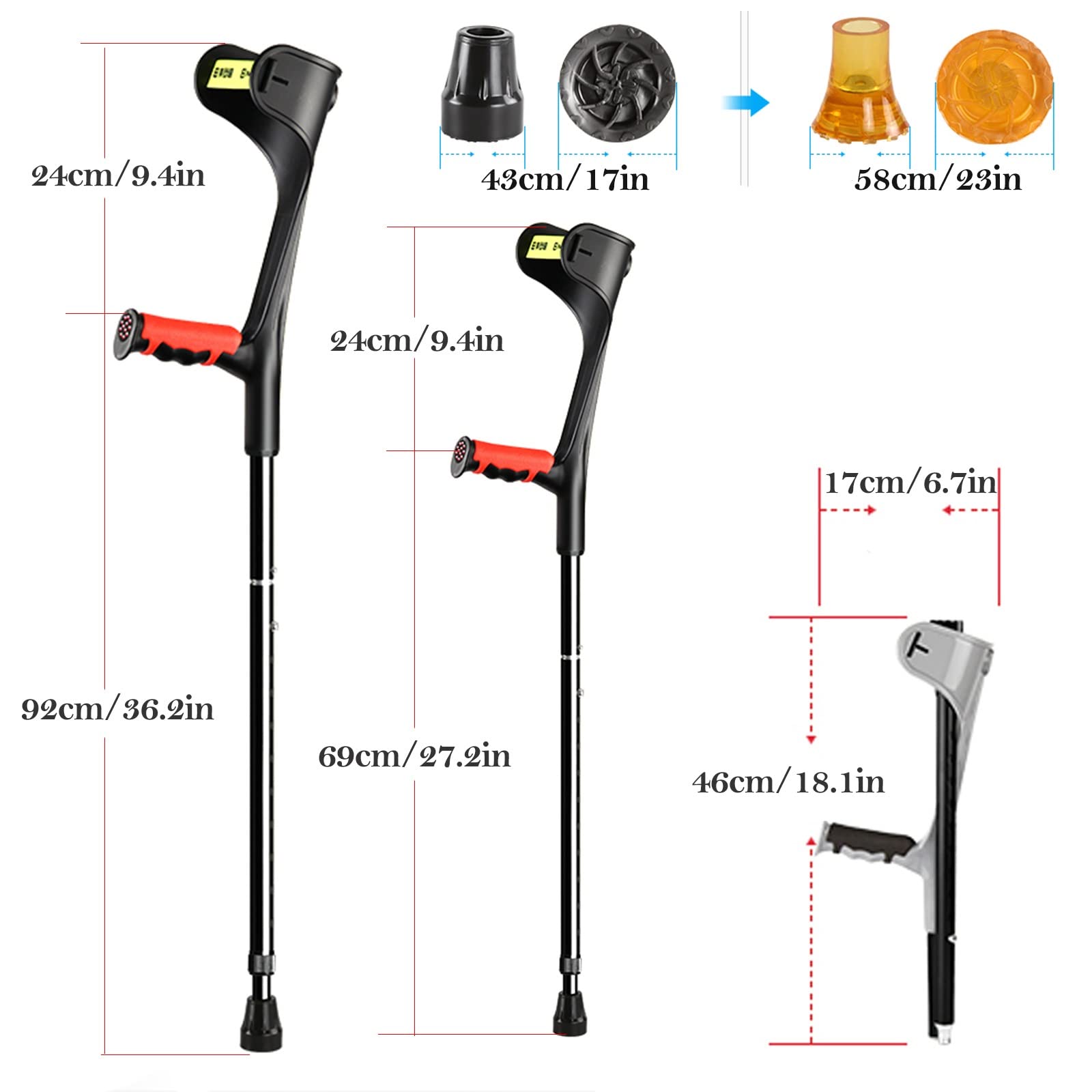 Foldable Forearm Crutches for Adults - Adjustable Aluminum Crutches (150-196cm Height Range) - Black - Ideal for Injury Recovery, Mobility Assistance & Daily Use