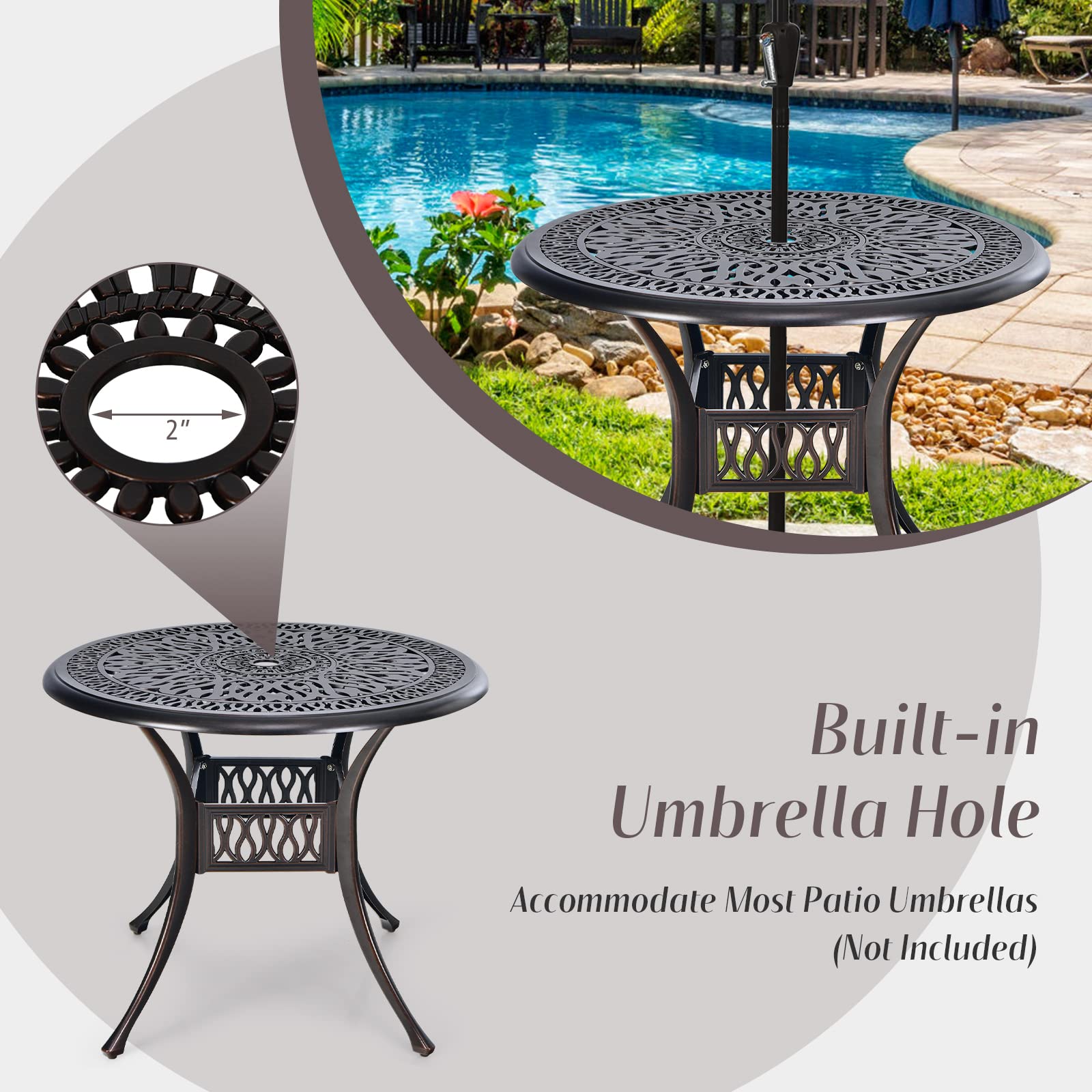 Tangkula 36 Inch Round Outdoor Dining Table - Weather-Resistant Cast Aluminum Patio Table with Umbrella Hole for Backyard, Garden, Poolside - Perfect for Outdoor Entertaining & Dining Al Fresco