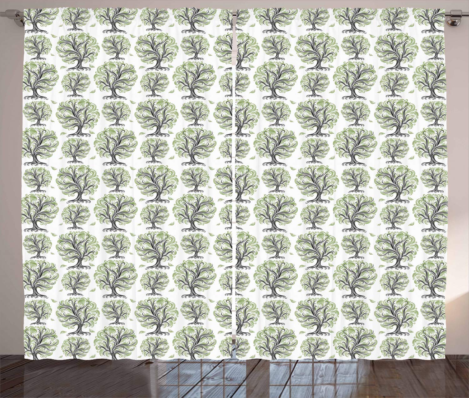 Ambesonne Tree Curtains - Abstract Swirled Lines Botanical Print, Black Green White Window Drapes for Living Room & Bedroom, 2 Panel Set 108